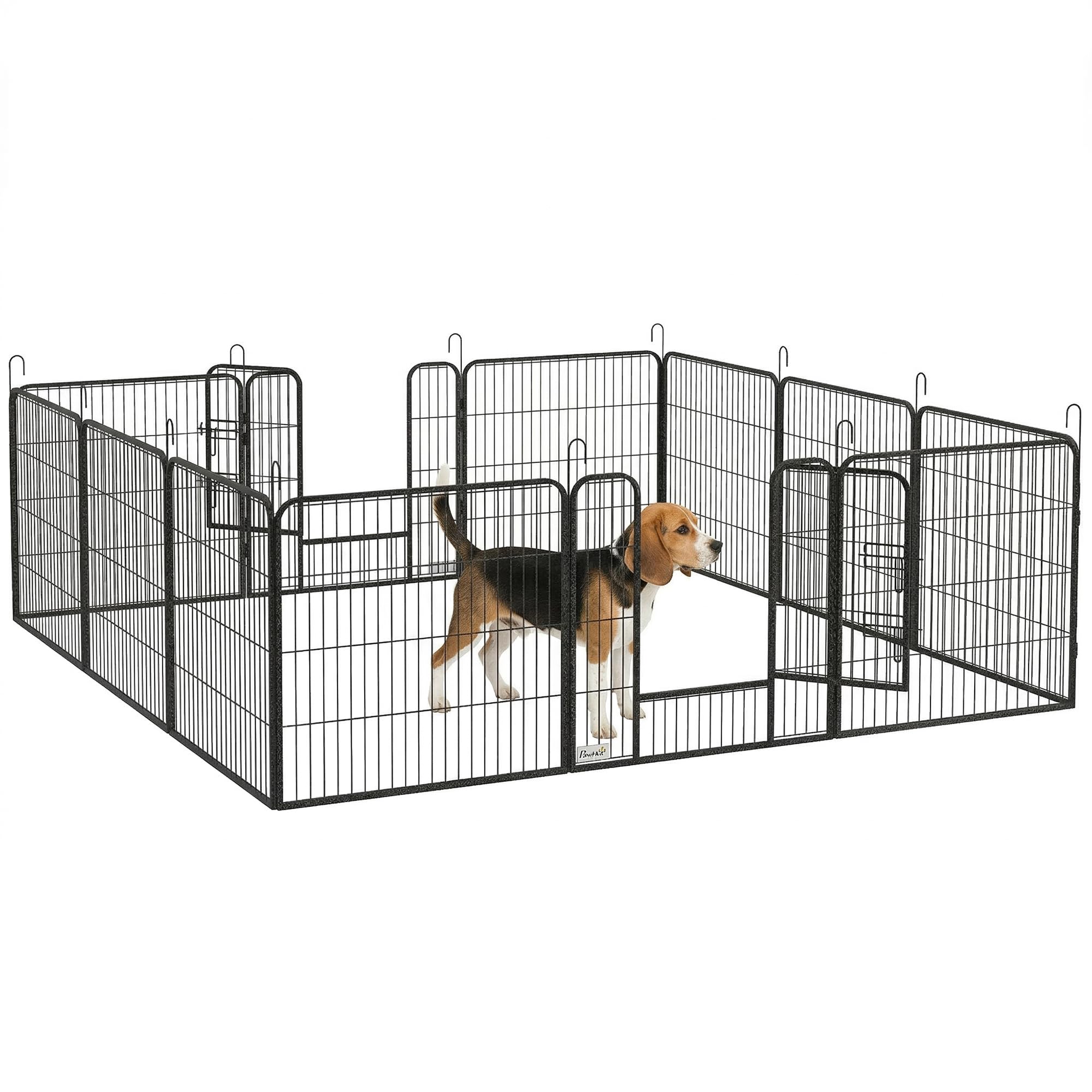 PawHut Recinto per Cani di Media Taglia a 12 Pannelli Modulabili da 80x1.5x80 cm, Box per Cani e Cuccioli Pieghevole con Porta in Acciaio con 12 Picchetti, Grigio