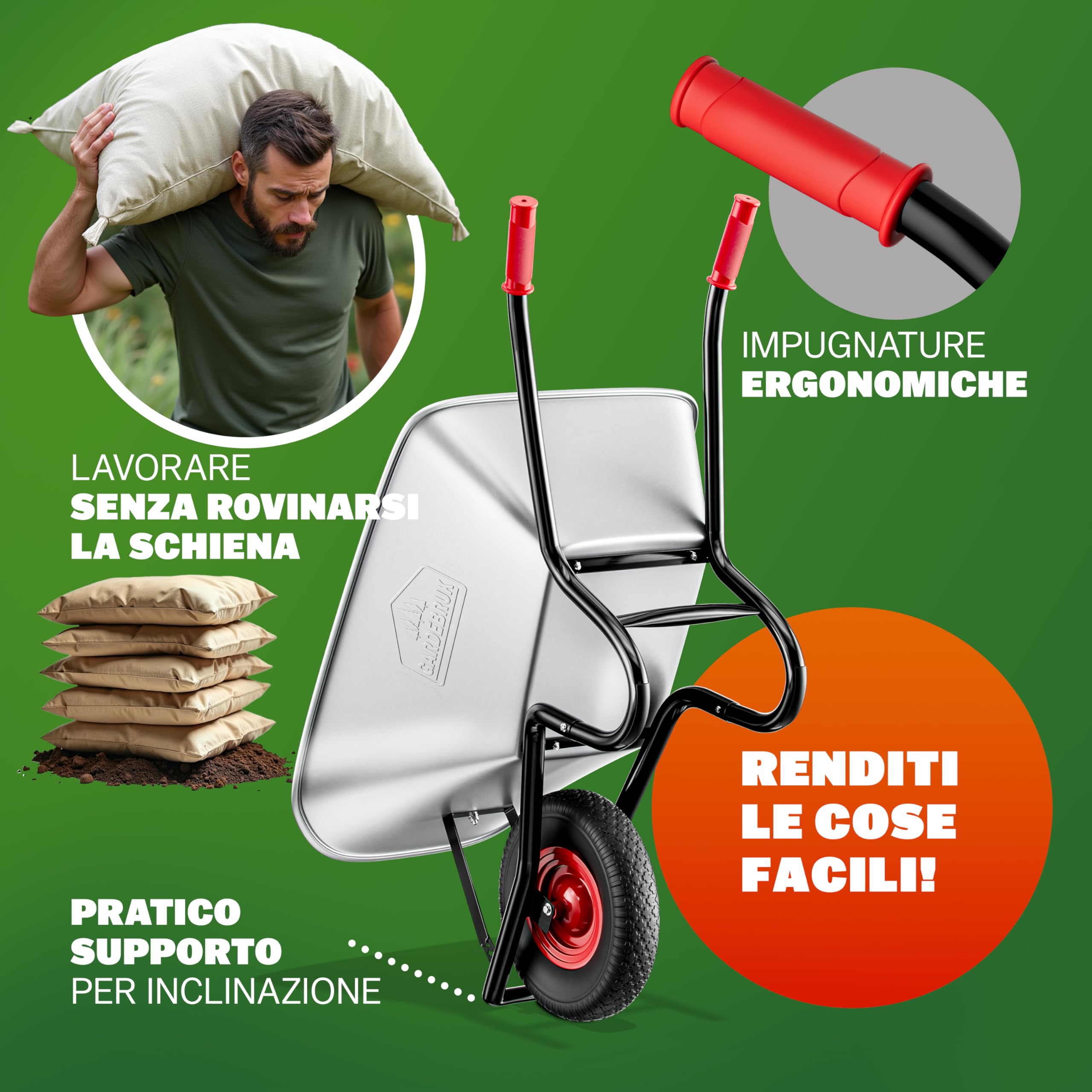 Gardebruk Carriola da Giardino 100 Litri 250kg Acciaio Zincato Manici Gommati Ergonomici Carriole per Fiori Carriola da Costruzione Trasporto Legna