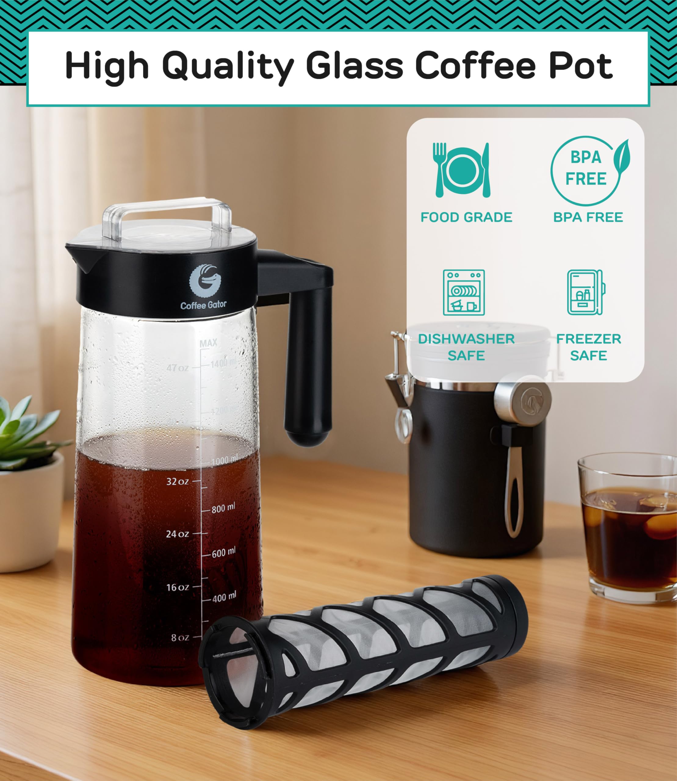 Caffettiera Manuale con Infusore per Fare Il caffè Freddo o Cold Brew Coffee di Coffee Gator - Macchina da caffè per Gli Appassionati di Slow Coffee - Caraffa in Vetro con Filtro - Anche per Il tè