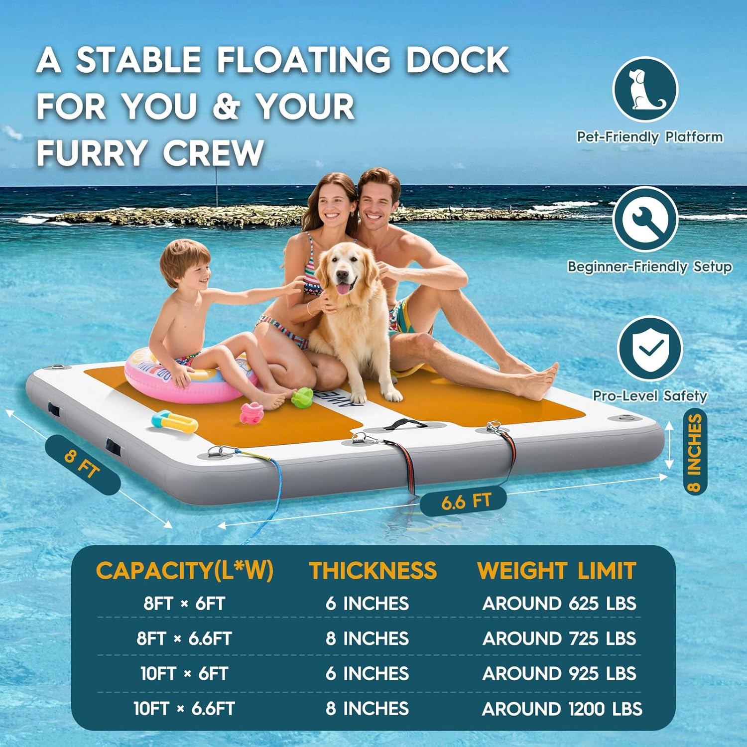 AWEMUFA Inflatable Floating Dock with Ramp 5ft/6ft/8ft/10ft Inflatable Dock Floating Platform, Floating Island Mat Boat Float Lake Floats, Large Rafts Floaties for Adult Pool Ocean Beach Boat Parties