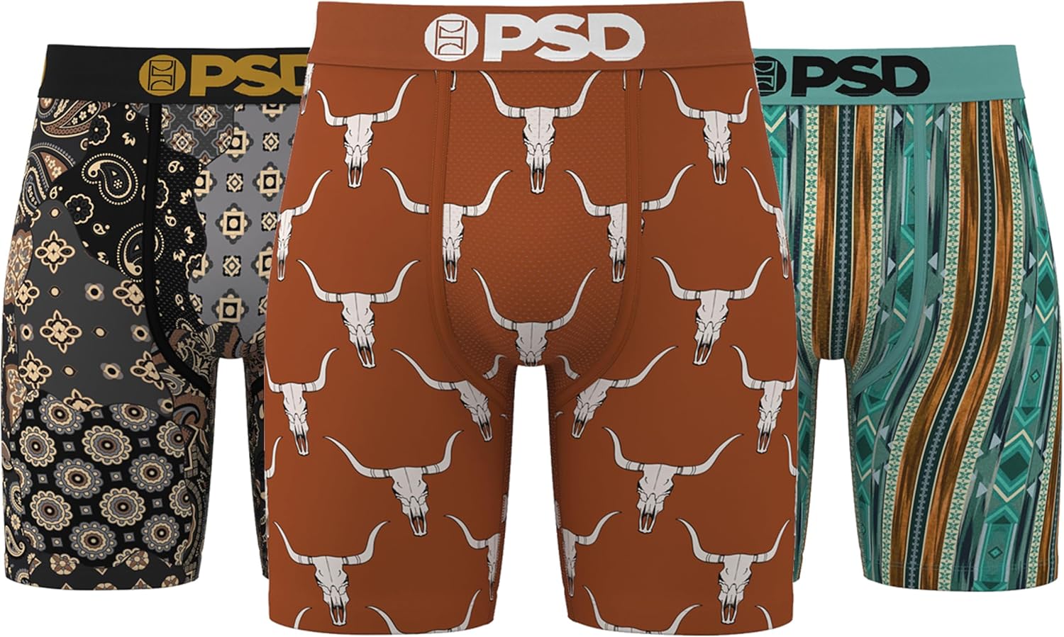 PSD Underwear Mens Boxer Briefs - Western Print, Standard Length Pack & Singles, Soft & Breathable Boxer Briefs for Men