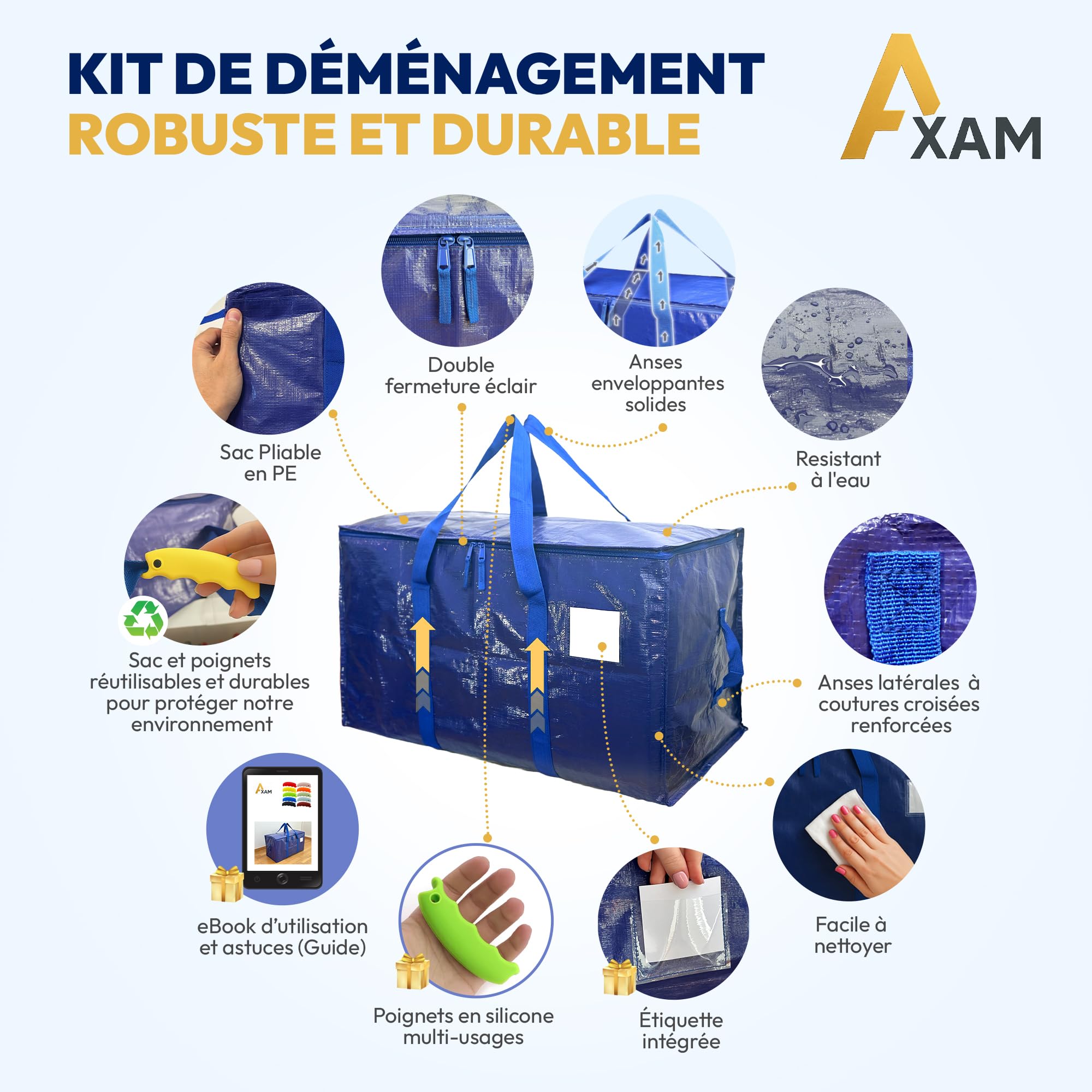 AXAM Sac de Déménagement XL 91 L [Lot de 4] – Sac de Rangement Ultra Résistants avec Poignées Confort en Silicone – Alternative Écologique au Carton – Pliables, Imperméables et Empilables