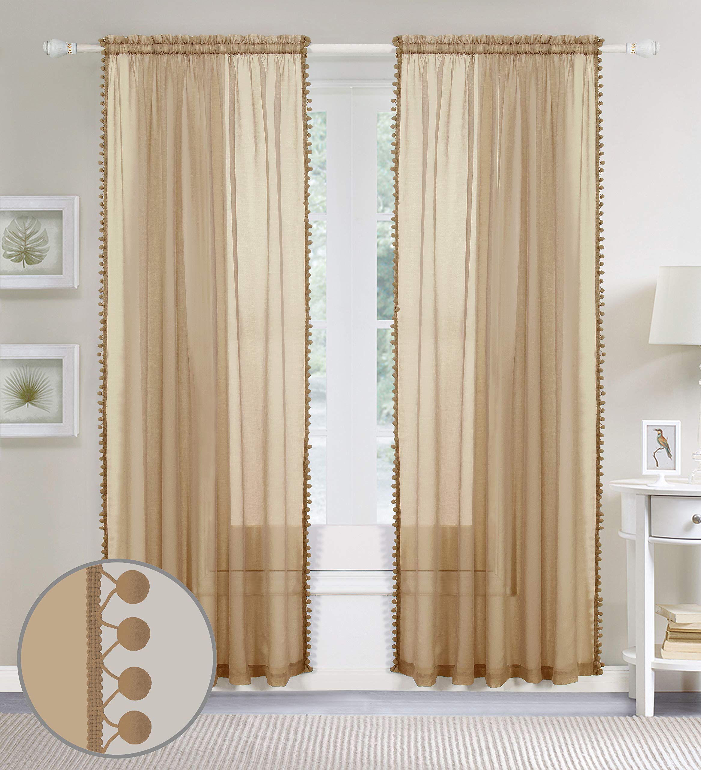 Elegant Comfort Semi-Sheer Pom Pom Tassels Curtains, 2 Panels Set, with 2inch Rod Pocket - Image 3