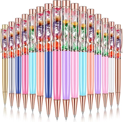 Miniatura 8 de HESTYA 16 bolígrafos con purpurina de cristal elegante con arena líquida dinámica y recambios, bolígrafo de regalo de flores de metal brillante de