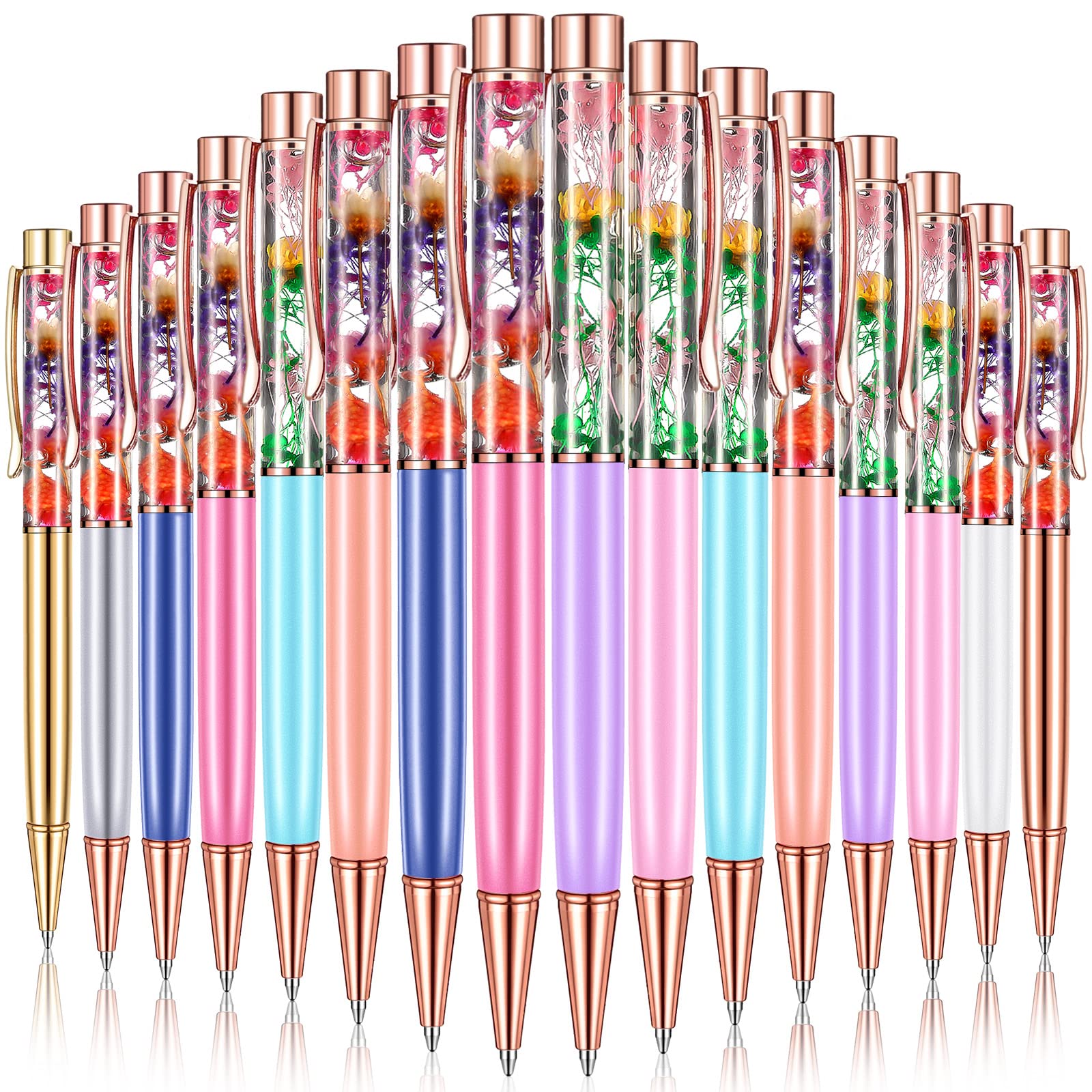 HESTYA 16 Pcs Glitter Pens Fancy Crystal Ballpoint Pens with Dynamic Liquid Sand & Refills Bling Metal Black Ink Flower Gift Pen for Office School Birthday Wedding(Flower Style)