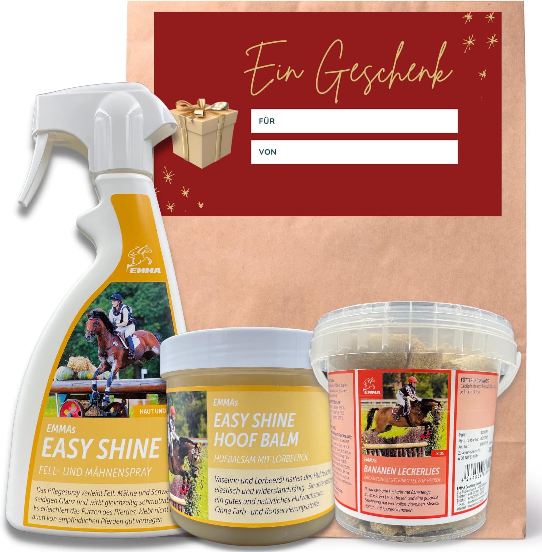 Horse Treats + Mane Spray for Horses + Hoof Fat with Laurel Oil I Horse Care Set I Treat Banana + Hoof Balm + Shine Spray with Fragrance I Hoof Care I Horse Care Horse Accessories 400 g 2 x 500 ml