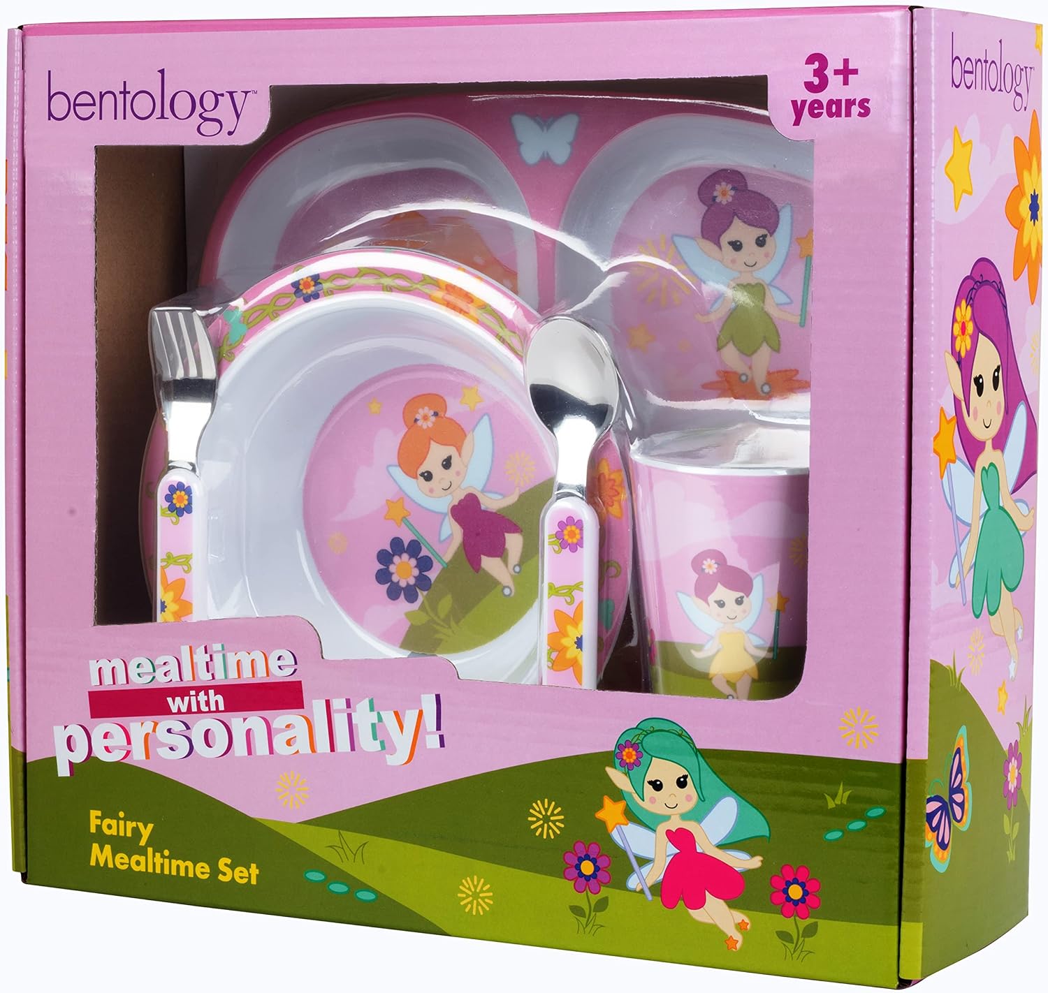 Bentology 5-Piece Kids Dinnerware Set- Whimsical Fairy Theme -Includes Divided 4-Section Plate, Bowl, Cup, Fork & Spoon -BPA-Free Break-Resistant Melamine -Toddler Feeding Set for Girls & Preschoolers