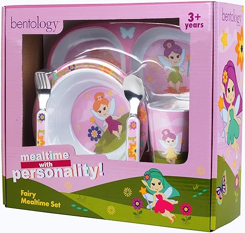 Miniatura 7 de Juego de 5 piezas de comida para niños y niños pequeños, con tema de hadas, incluye plato dividido, tazón, tenedor, cuchara, apto para lavavajillas,