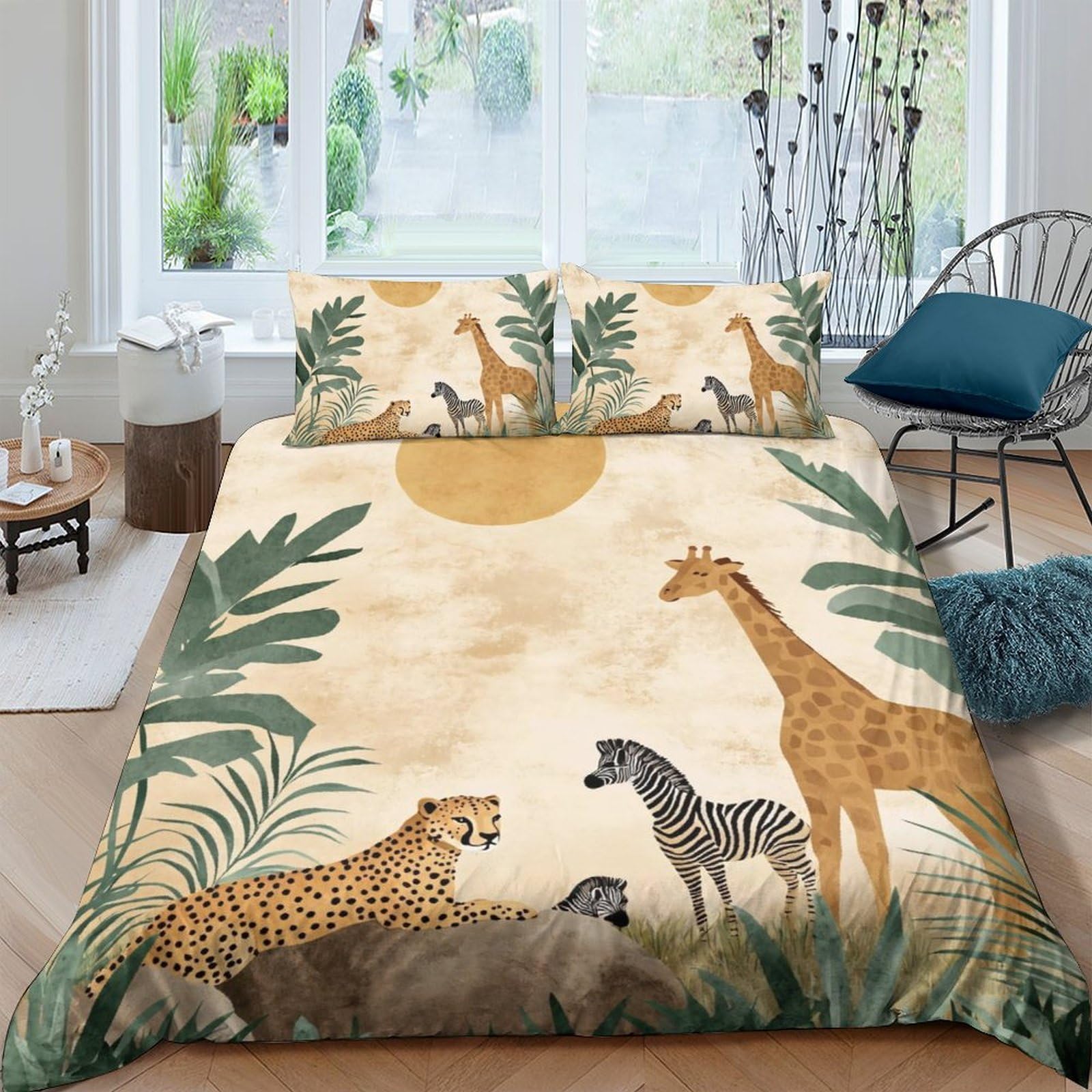 P5V6M1Q9 3D Printed Safari Animals Duvet Cover Microfiber Soft Breathable Jungle Wildlife Bedding Set with 2 Pillowcases for Bedroom Decor, Single（135x200cm）
