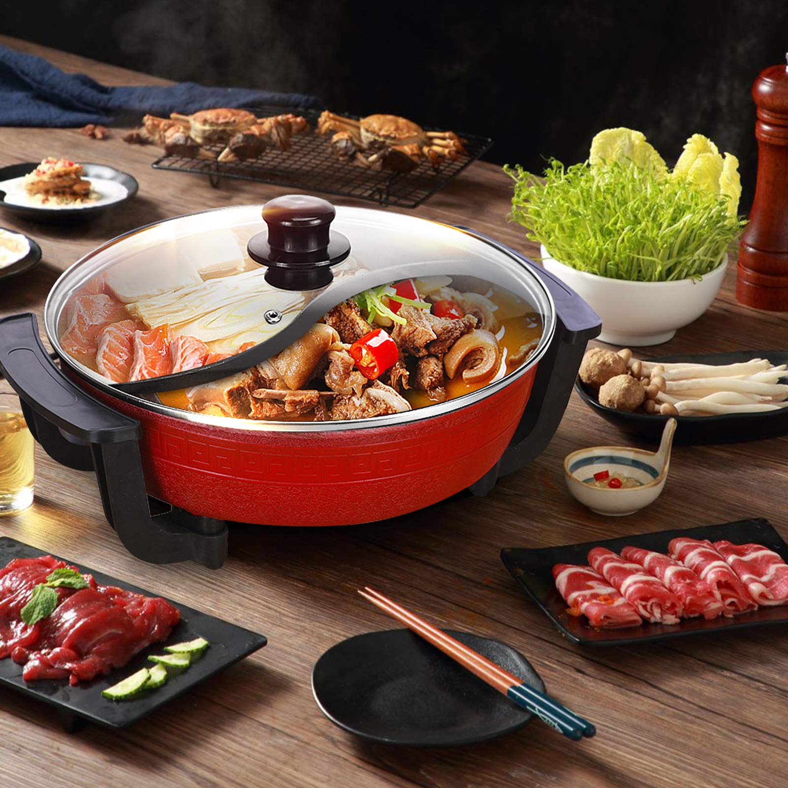 WOQLIBE Hot Pot Wok Eléctrico 2 Lados Mandarina Pato Olla de Sopa Cacerola de Cocina Antiadherente China Hotpot, Fácil de Limpiar Calentamiento Rápido