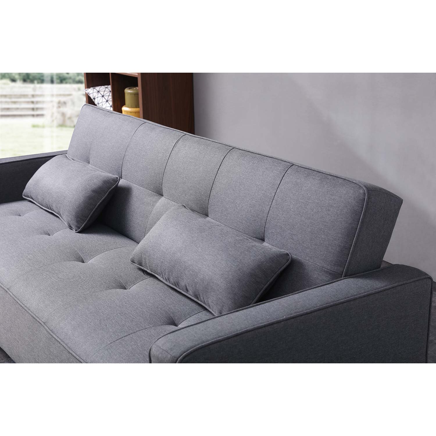 Concept-Usine | Sofá Convertible Estilo Escandinavo Copenhague | Sofá de 3 Plazas | Tejido Color Gris | Base de Madera | Apoyabrazos + 2 Cojines | Respaldo y Asiento Desenfundables | Ancho 213 cm