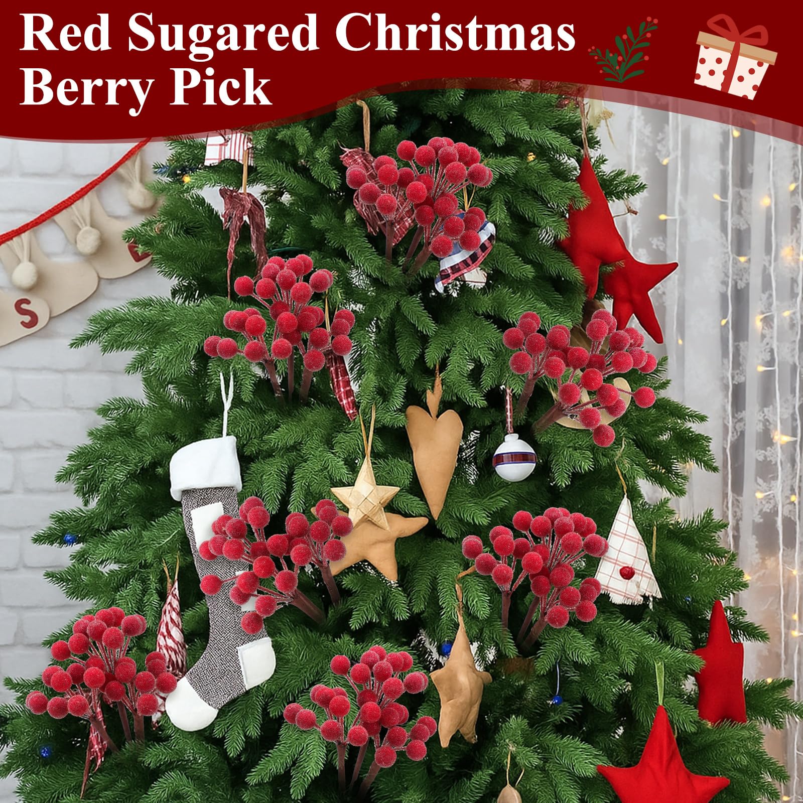 Leinuosen 12 Stück rote Zuckerbeerenspieße, 22,9 cm, künstlicher Weihnachtskranz, Beerenstiele, Weihnachtszweige, Ornamente, Dekorationen für Baumspitze, Vasenfüller, Heimtischdekoration