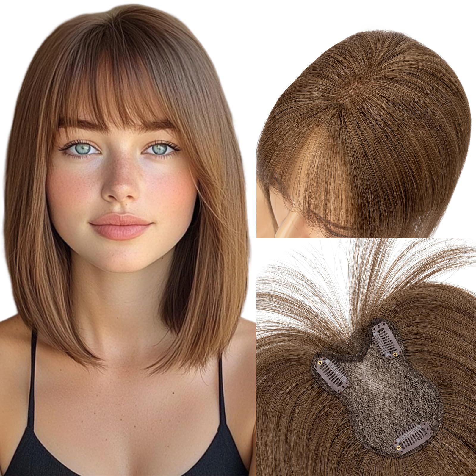 MY-LADY Topper Cabello Humano Mujer, Flequillo Postizo Pelo Natural, Marrón Chocolate 21g