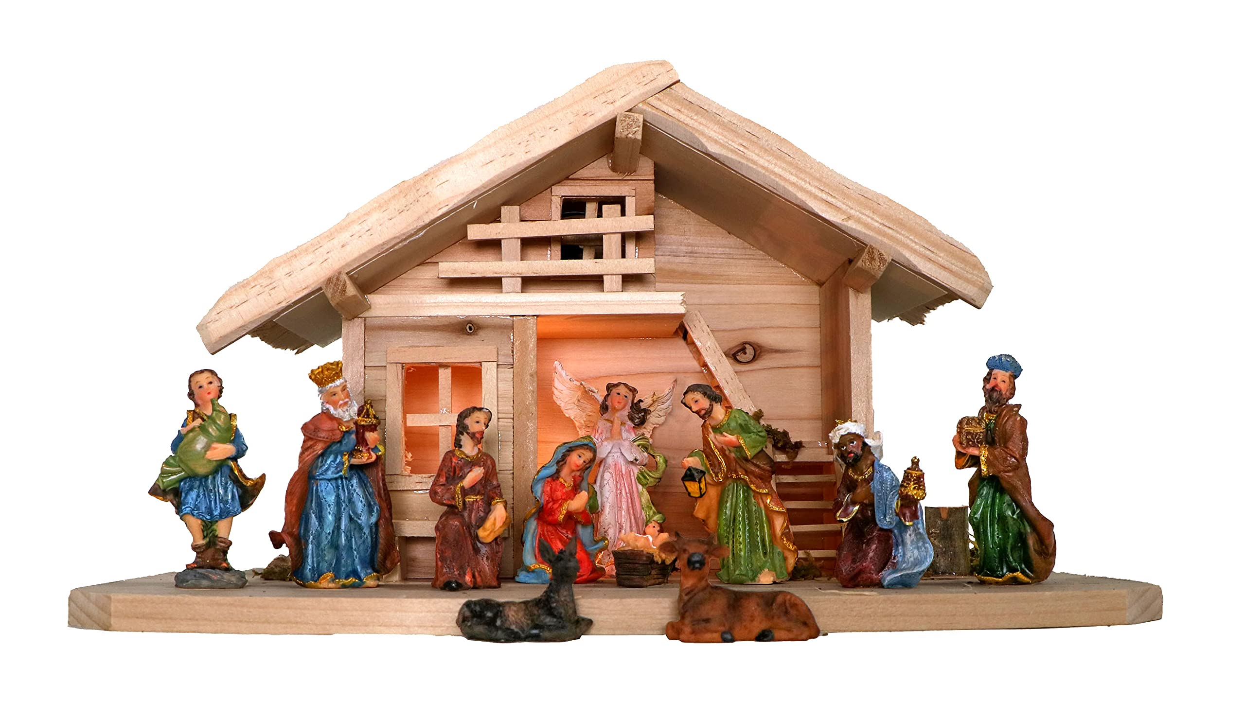 mgc24 Weihnachtskrippe Tischkrippe aus Holz, komplett mit 11 Krippenfiguren handbemalt, LED-Beleuchtung