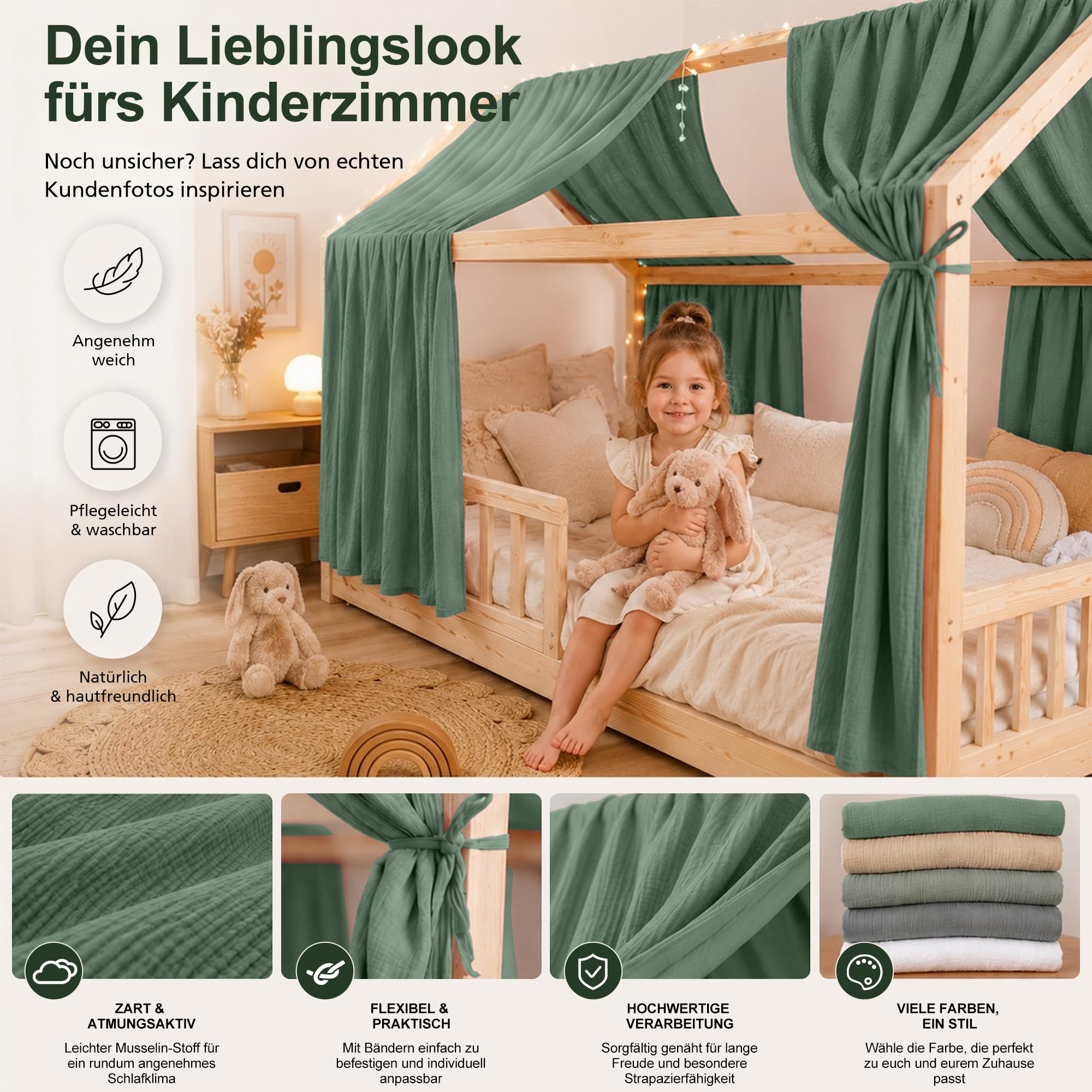Dosel para cama infantil, dosel, cama infantil, juego de 2 unidades, 100% algodón, muselina, incluye banderines de 3 m (verde oscuro, 270 x 135 cm (alto x ancho x ancho) (2 unidades)
