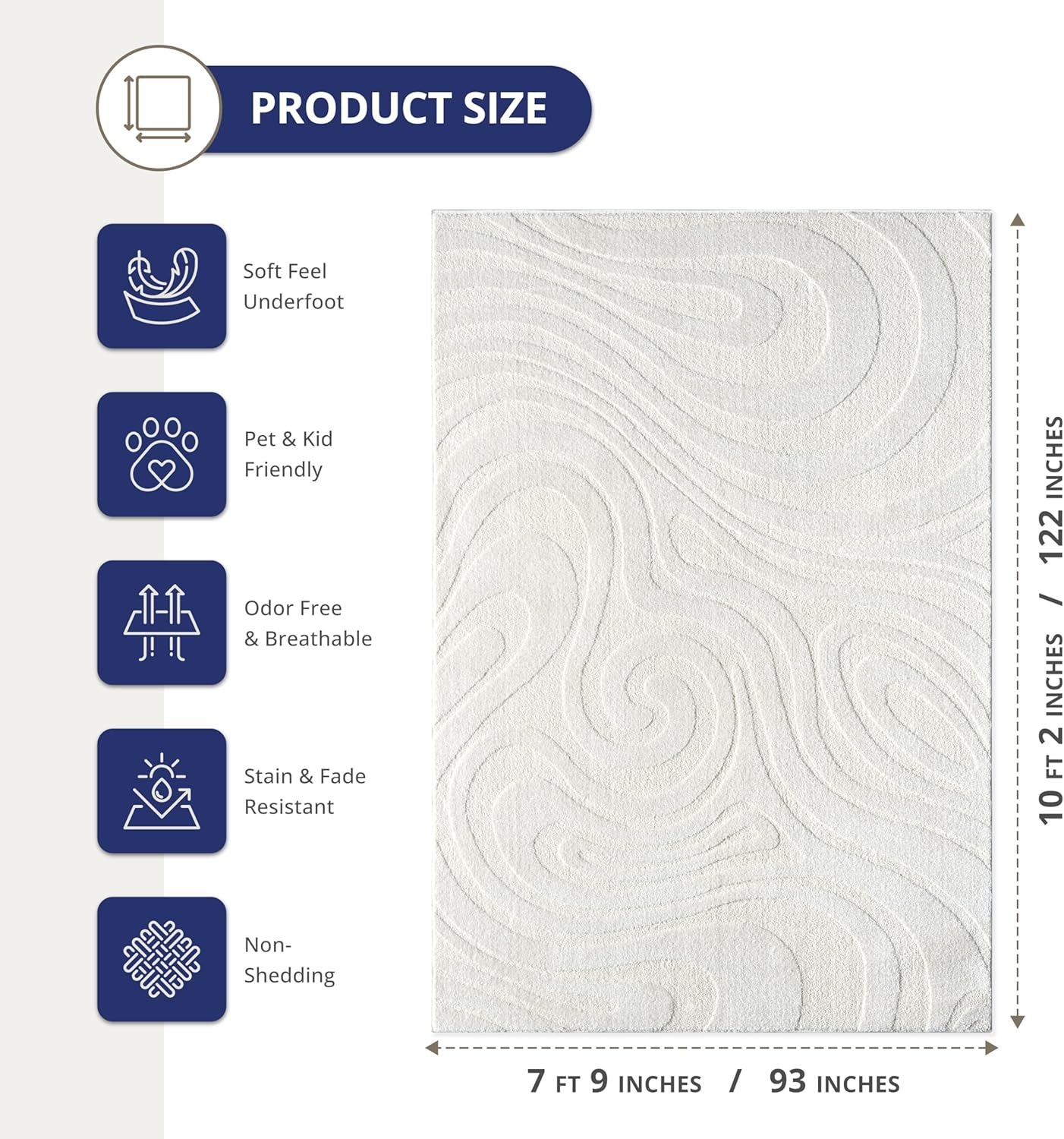 Abani Cozy Cream Area Rug for Living Room, Bedroom - Swirl Waves Pattern - 8' x 10' - Durable & Easy to Clean