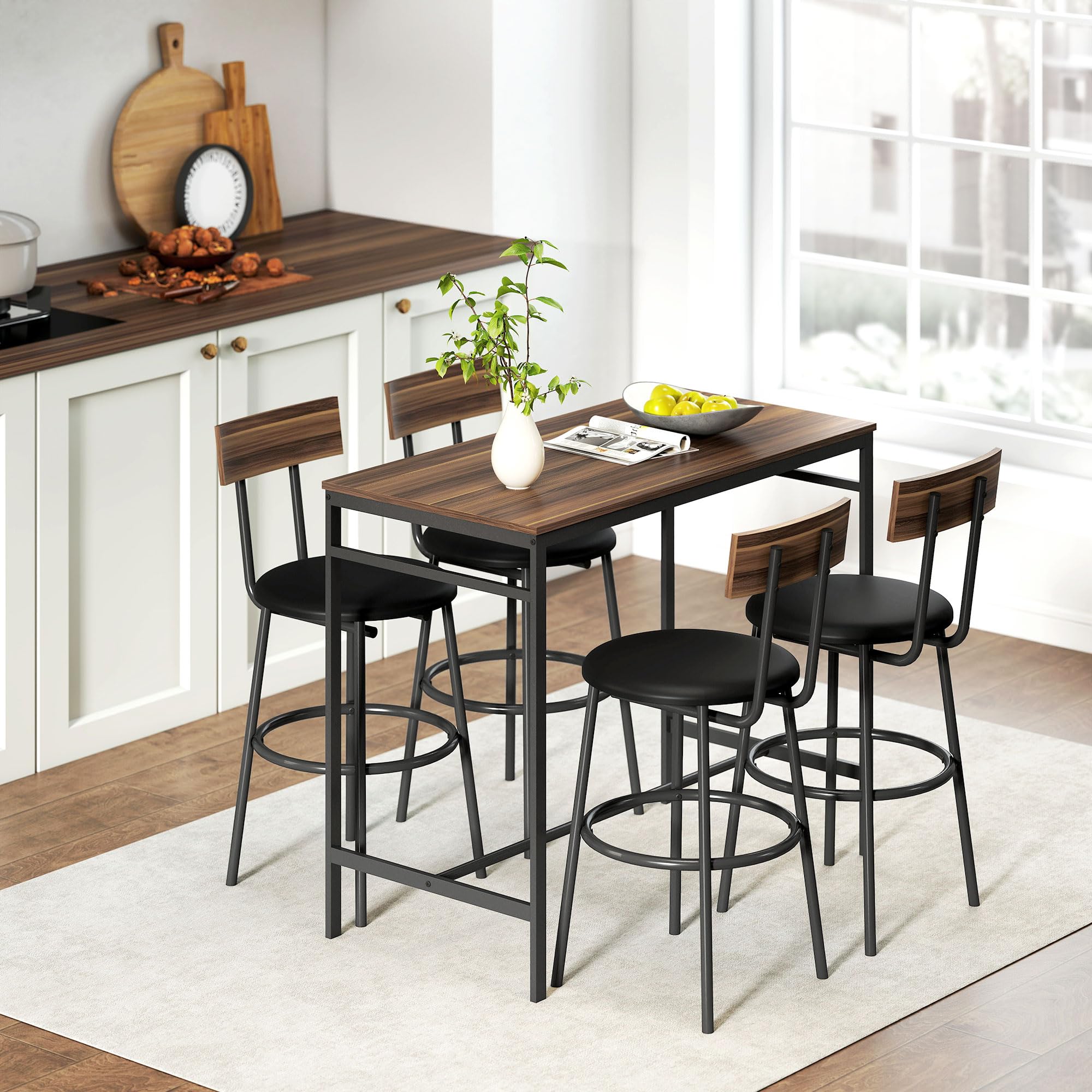 HOMCOM Bartisch mit Barhocker-Set Esstisch mit 4 Stühlen mit Fußstütze, Rückenlehne und Polsterung, Platzsparend Bartisch Set aus Stahl Industrial Küchentisch für Esszimmer, Küche, Braun