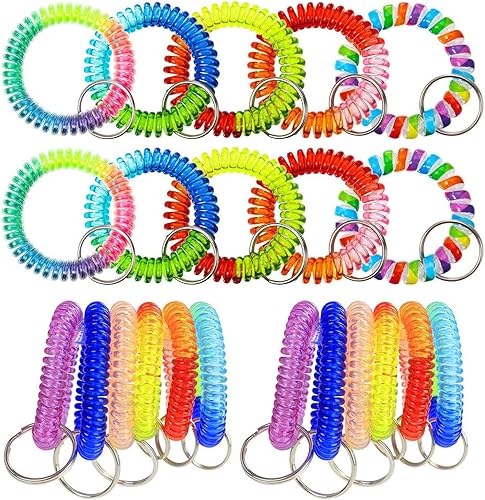 Rocutus Paquete de 20 llaveros de muñeca con espiral, colorido resorte elástico, llavero de muñeca de espiral arcoíris para gimnasio, piscina,