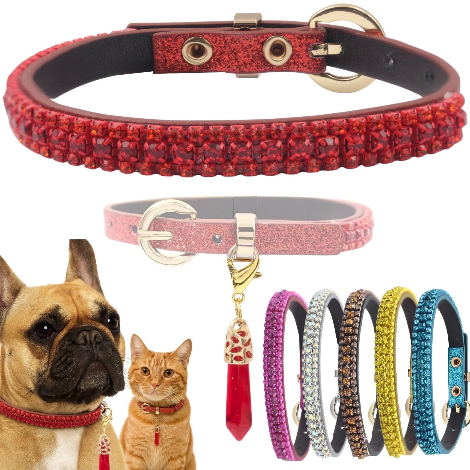PEARLY JUN Red Diamante Dog Collar XS Rhinestone Bling Dog Collar for Small Cat Cute Luxury Crystal Pet Puppy