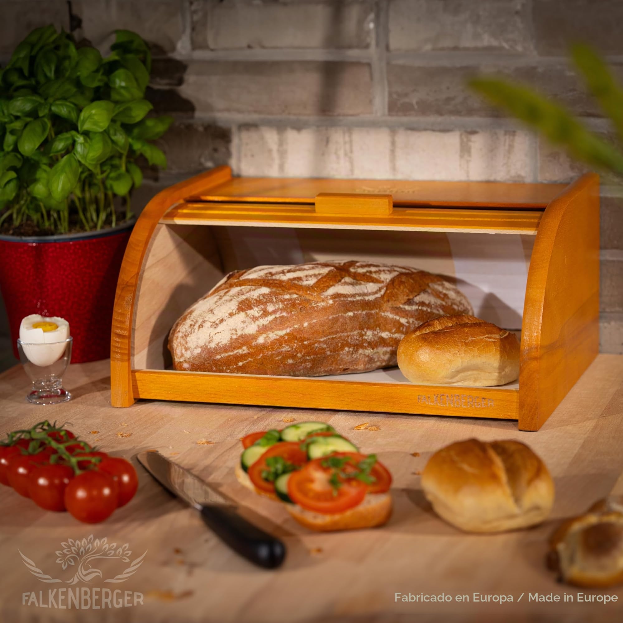 Panera de madera de haya de aproximadamente 39x29x18 cm, panera de pan enrollado tradicional con tapa enrollable hecha a mano