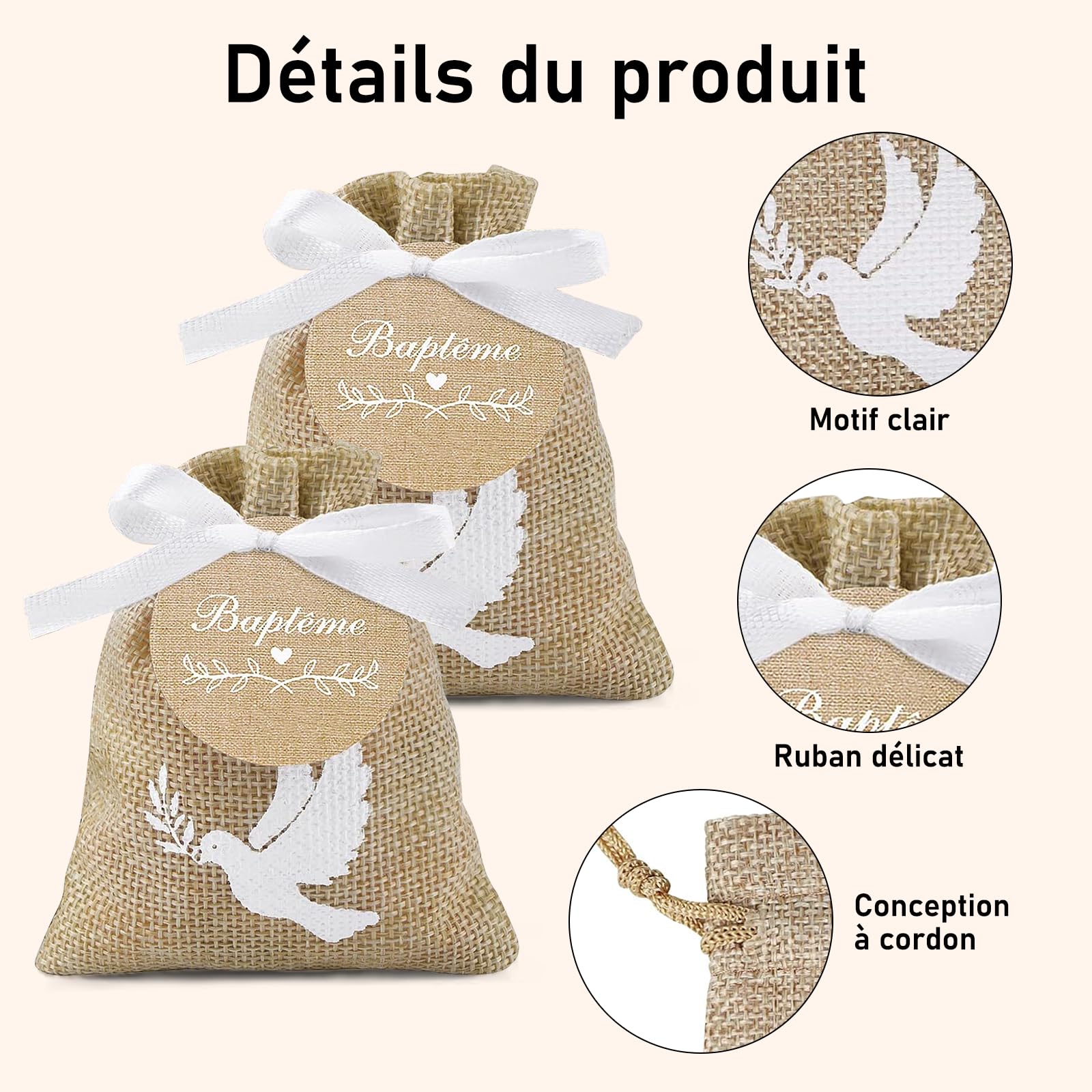 FINEVERNEK 20PCS Sachets Dragées Baptême avec Étiquettes et Ruban Blanc Pochette Dragée Motif Colombe pour Baptême, Communion, Confirmation et Décorations de Cérémonie