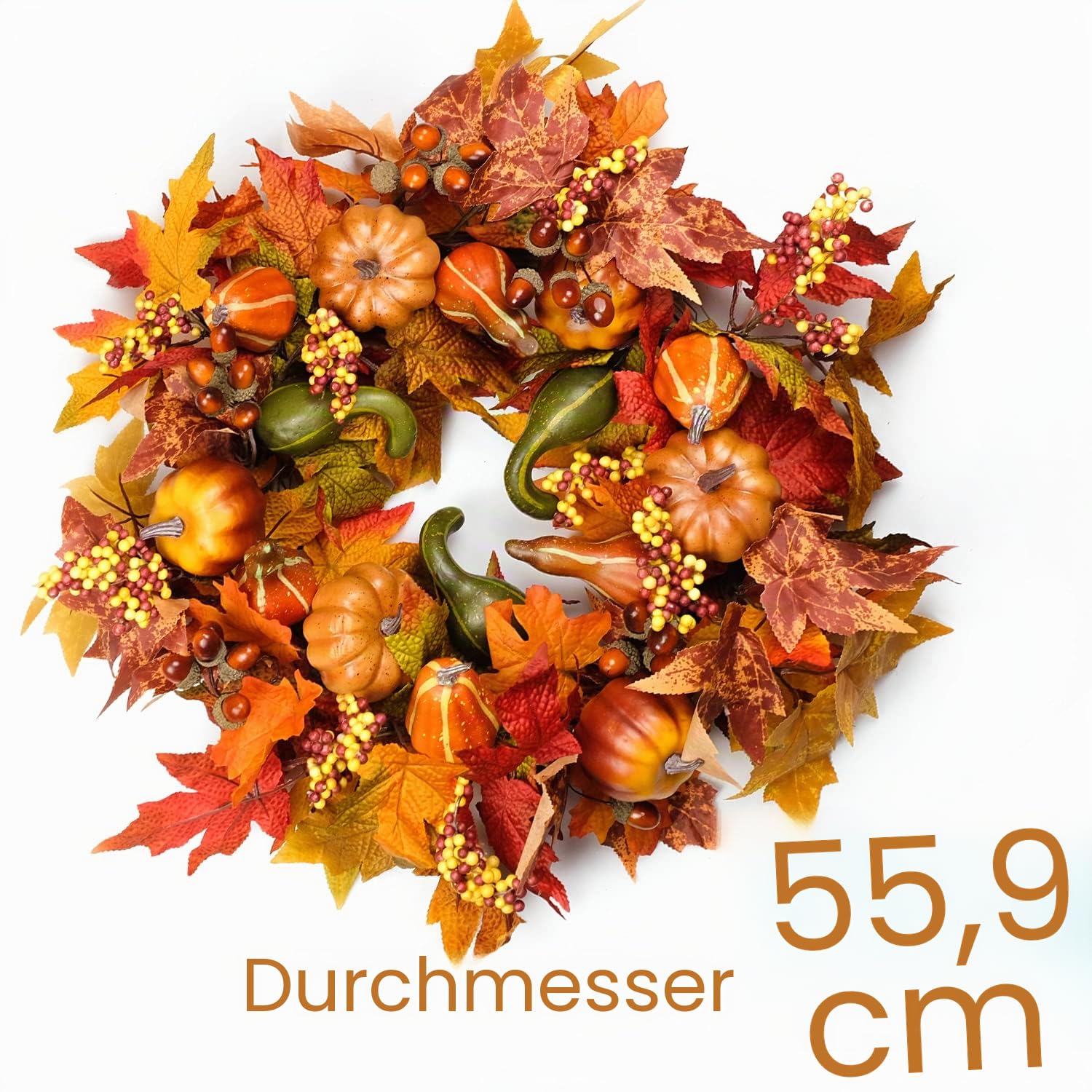 Herbstkränze für Haustür, 55 cm, Herbsttürkranz mit Kürbis, Ahornblättern, Herbst, Erntedankfest, Erntefest, Dekorationen für drinnen und draußen