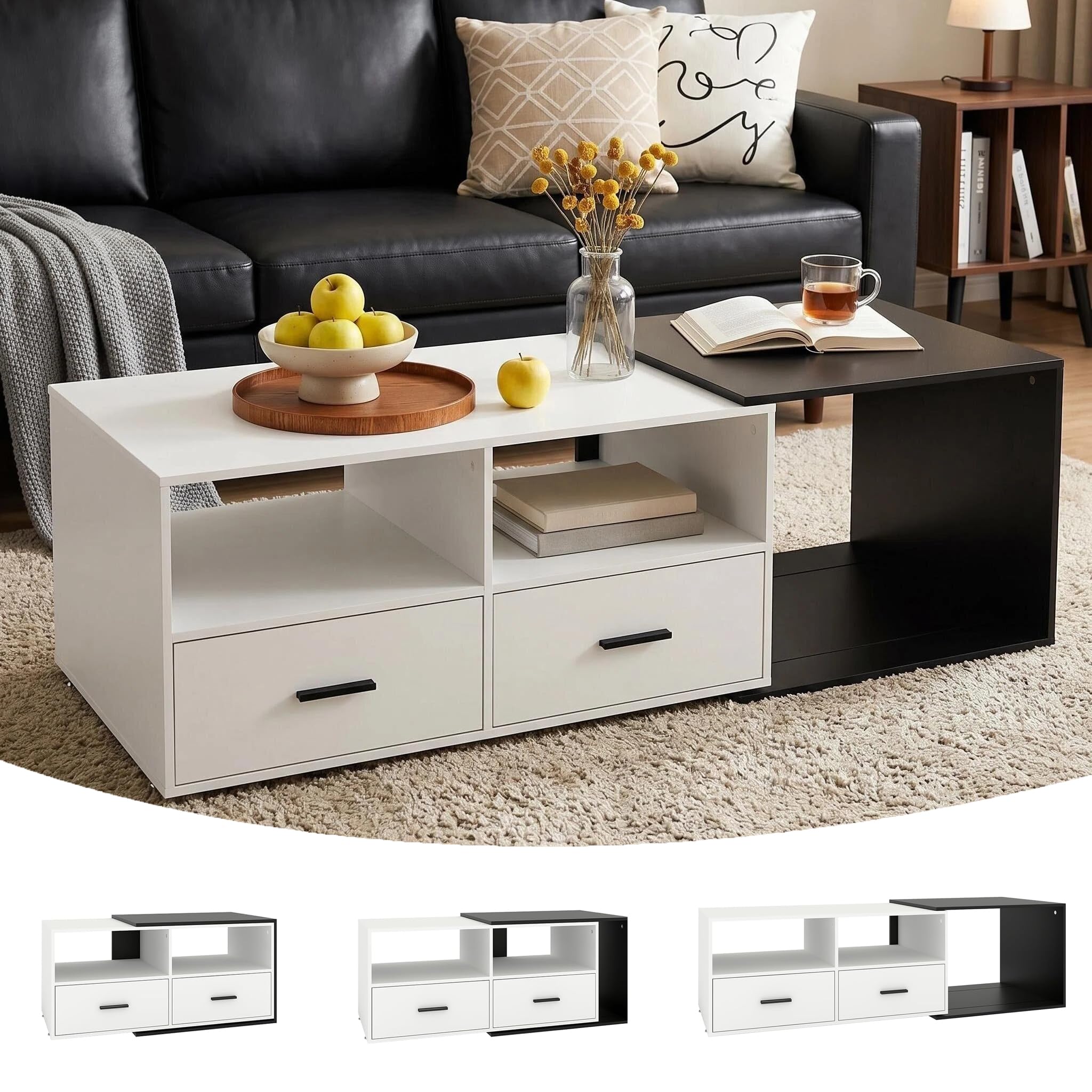 YU YUSING Table Basse Modulable Extensible 91-145cm avec 2 Tiroirs