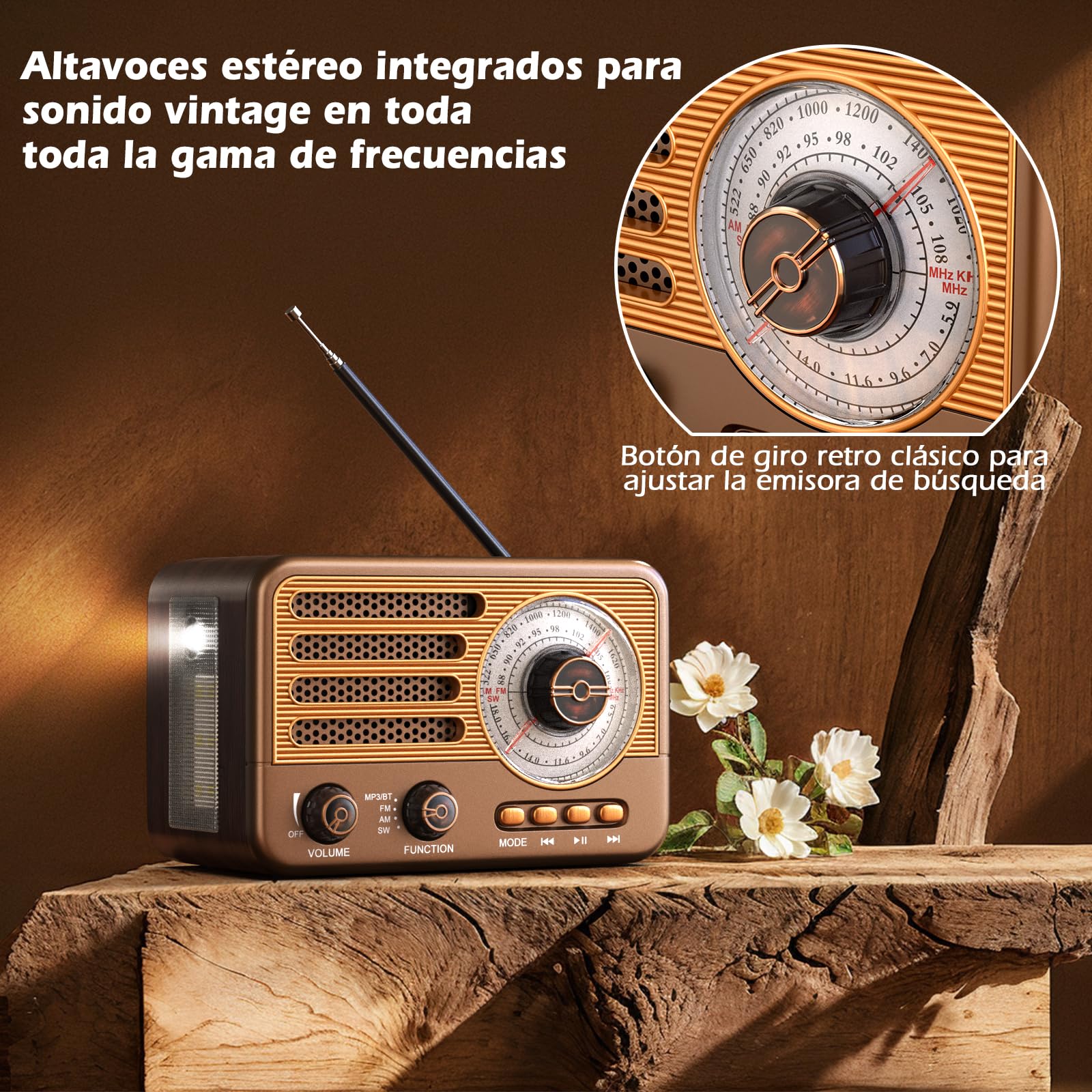 Radio transistor vintage - Estilo retro con alcance moderno - Portátil - AM/FM/SW - Con USB/TF/AUX MP3 y batería recargable de 1800 mAh
