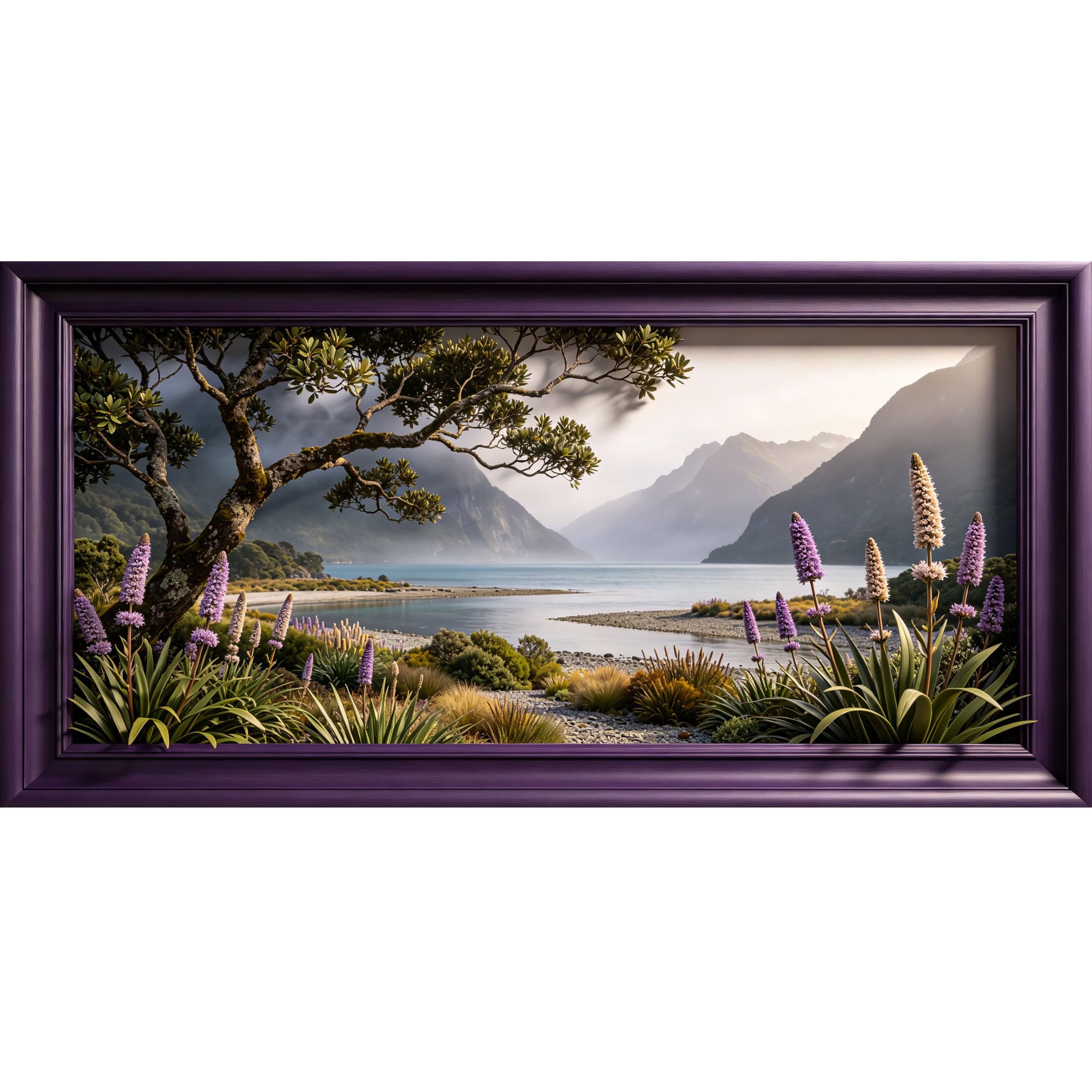 Agglomerix 3D Framed Wall Art Mountain Lake Landscape Botanical Floral Purple Spikes Scenic View Large Size SelfAdhesive Removable Wall Decor Prints Artwork for Living Room Bedroom Office