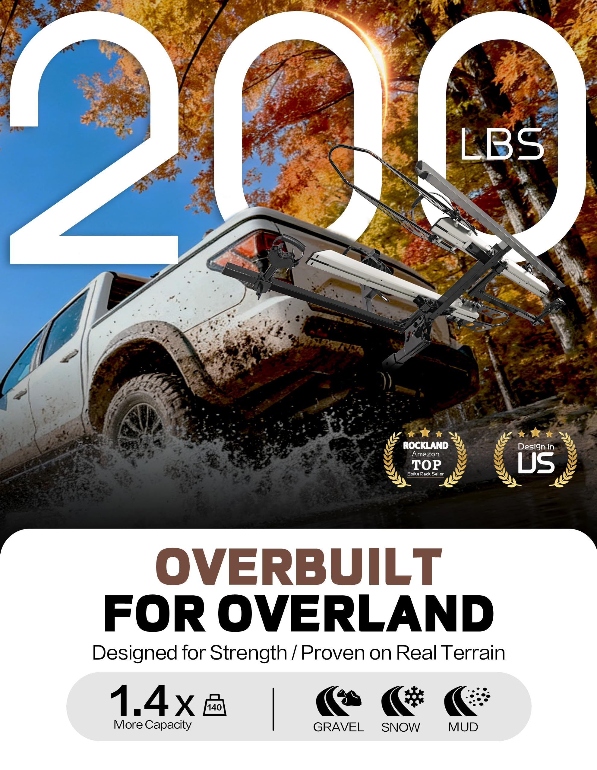 RokRack Plus Foldable 2 Ebike Rack with Ramp, 200 lbs Capacity Electric Bike Carrier Platform Mount, Hitch Bike Rack for Car SUV with Hitch Stabilizer, Lock Pin, Rain Cover & Lock