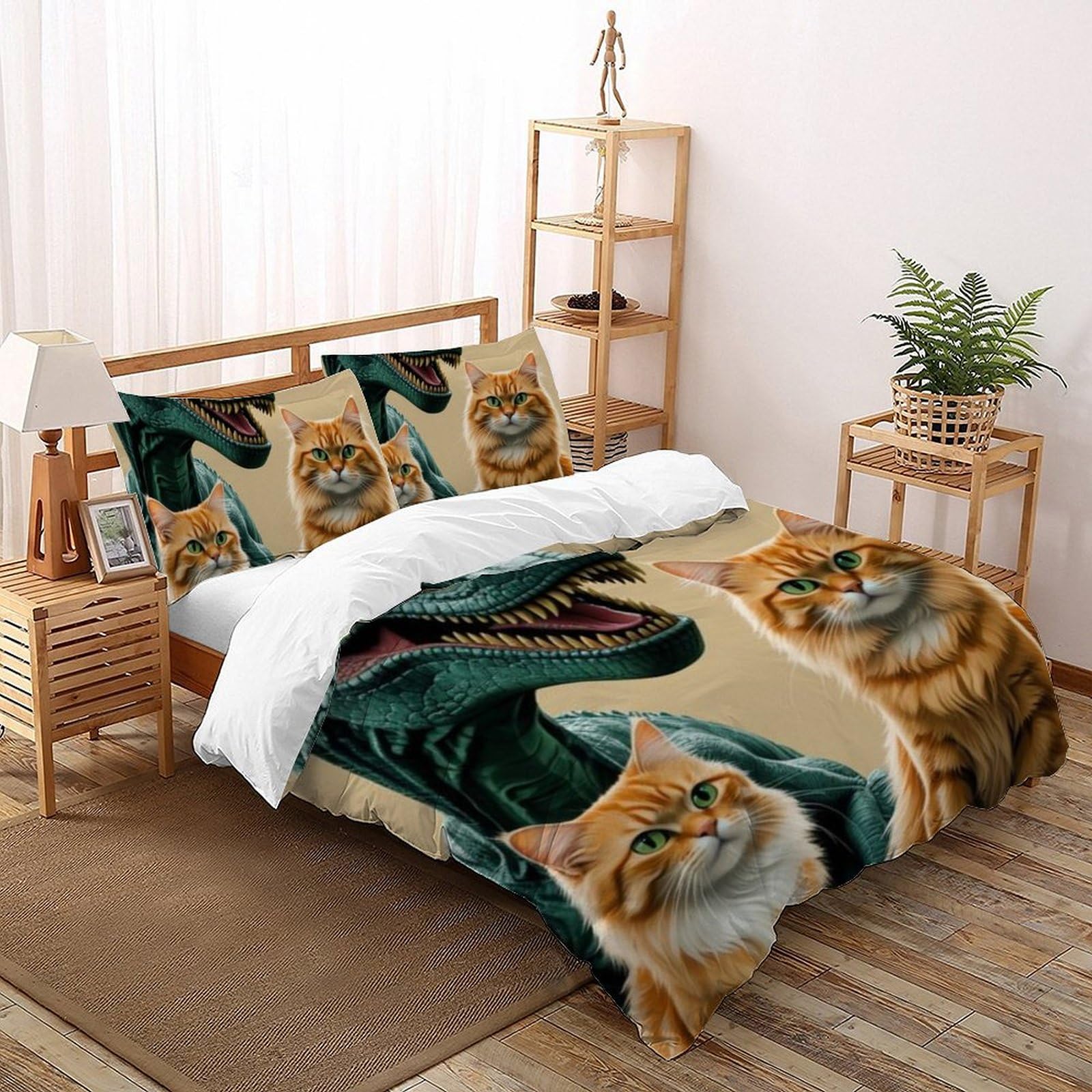 Housse de couette dinosaure chat 200x200cm avec taie d'oreiller filles