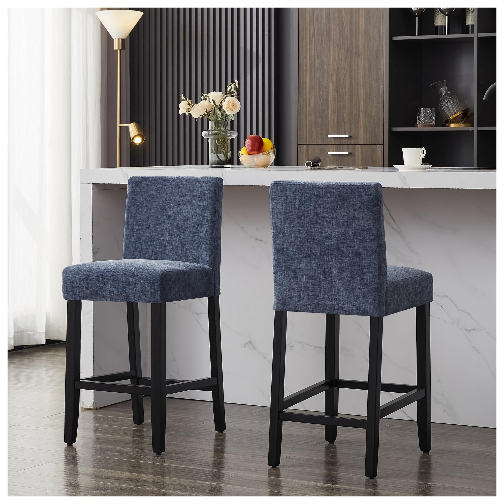 Creek Vista 26'' Velvet Chenille Bar Stools Set of 2, Modern Upholstered Bar Height Bar Chairs, Soild Wood Legs Barstools with Back, Blue