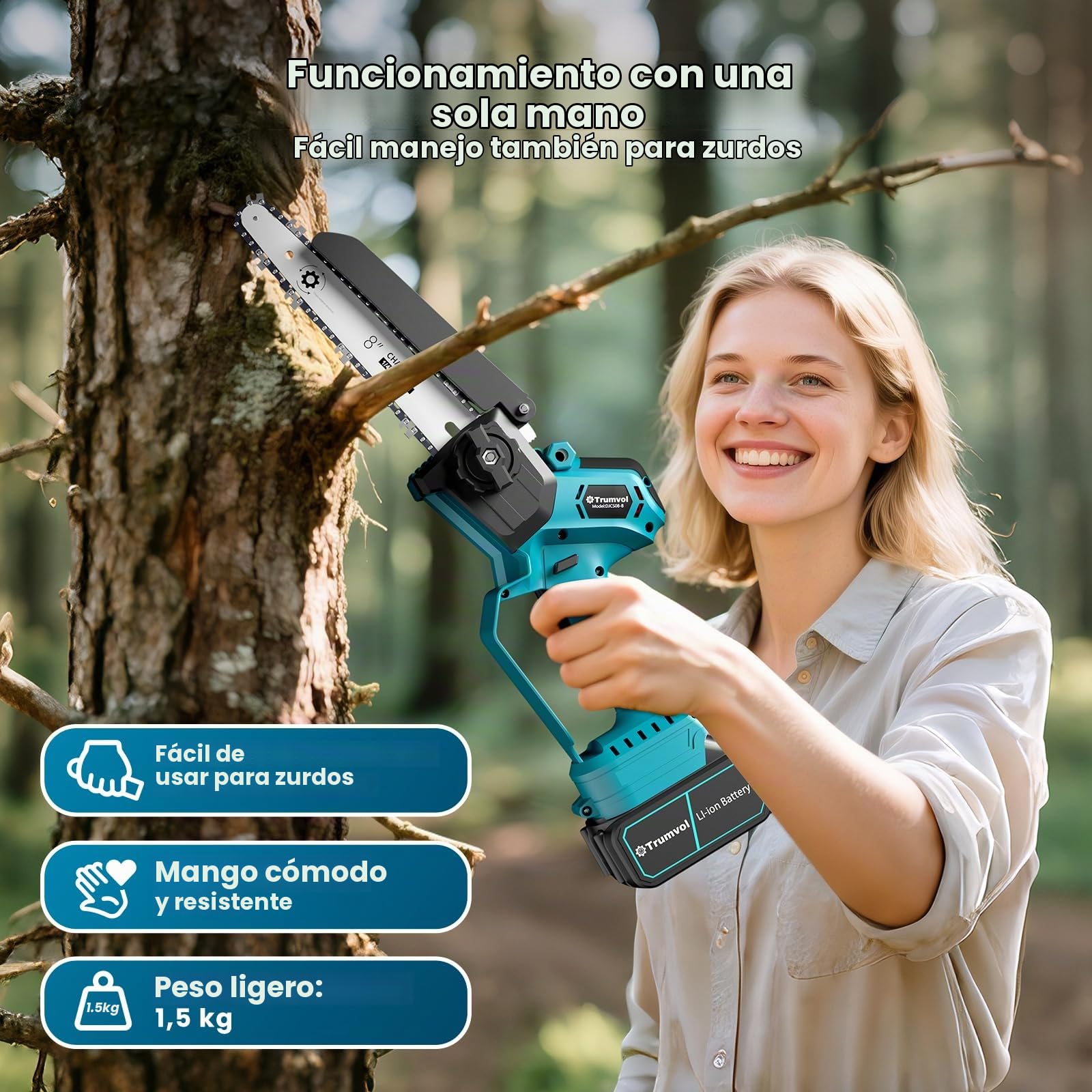 Minimotosierra eléctrica Trumvol con 2 baterías, 8000 mAh/21 V, 1200 W, inalámbrica, de una sola mano, para poda de 20 cm, jardinería, corte de madera y bricolaje