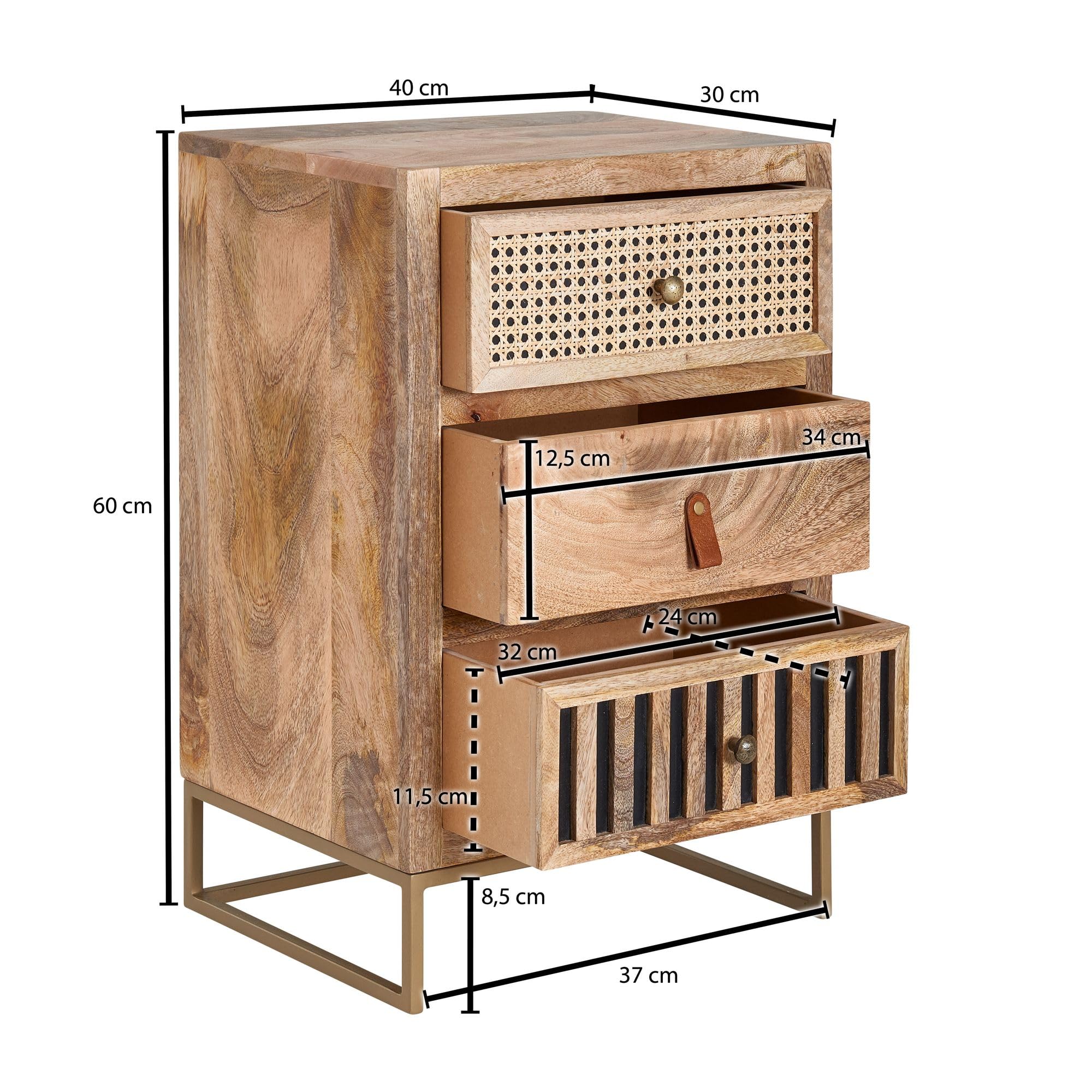 Wohnling Nachttisch Mango Massivholz/Metall 40x60x30 cm Nachtschrank Boxspringbett, Design Nachtkonsole mit 3 Schubladen, Nachtkommode Wiener Geflecht mit Stauraum