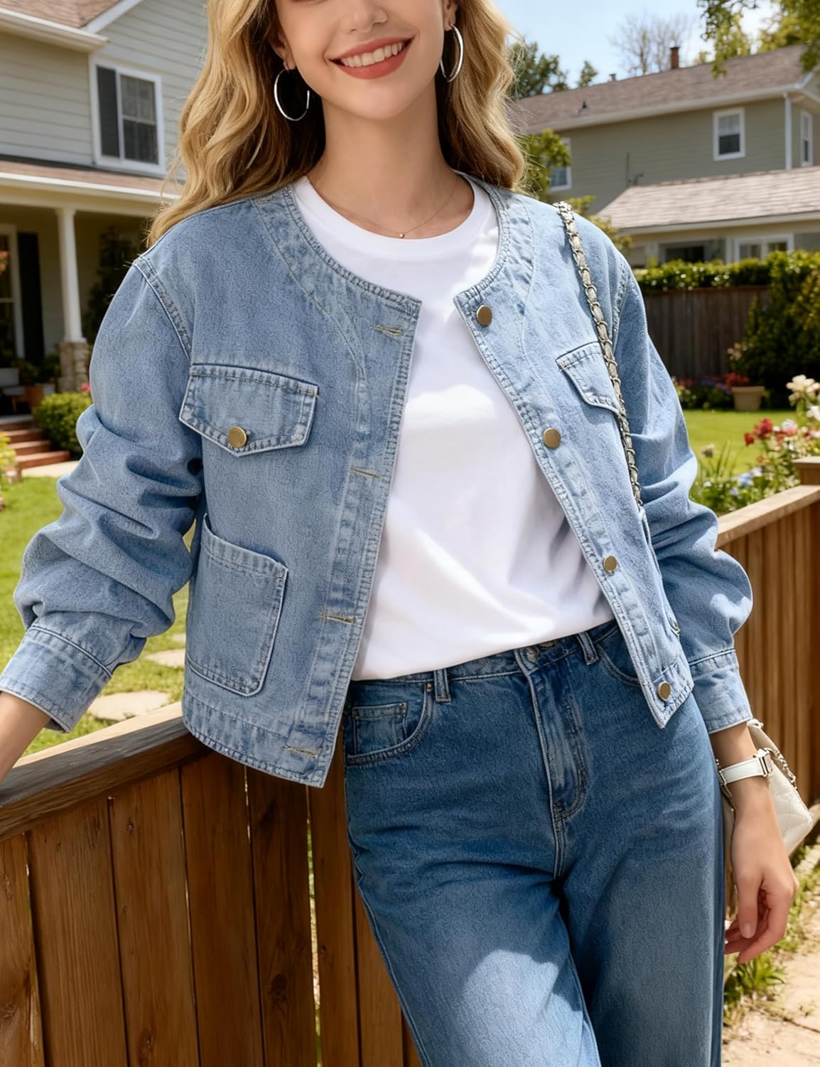 Omoone Women's Denim Jacket Long Sleeve Crop Button Down Collarless Jean Jacket Coat with Pockets - Image 2