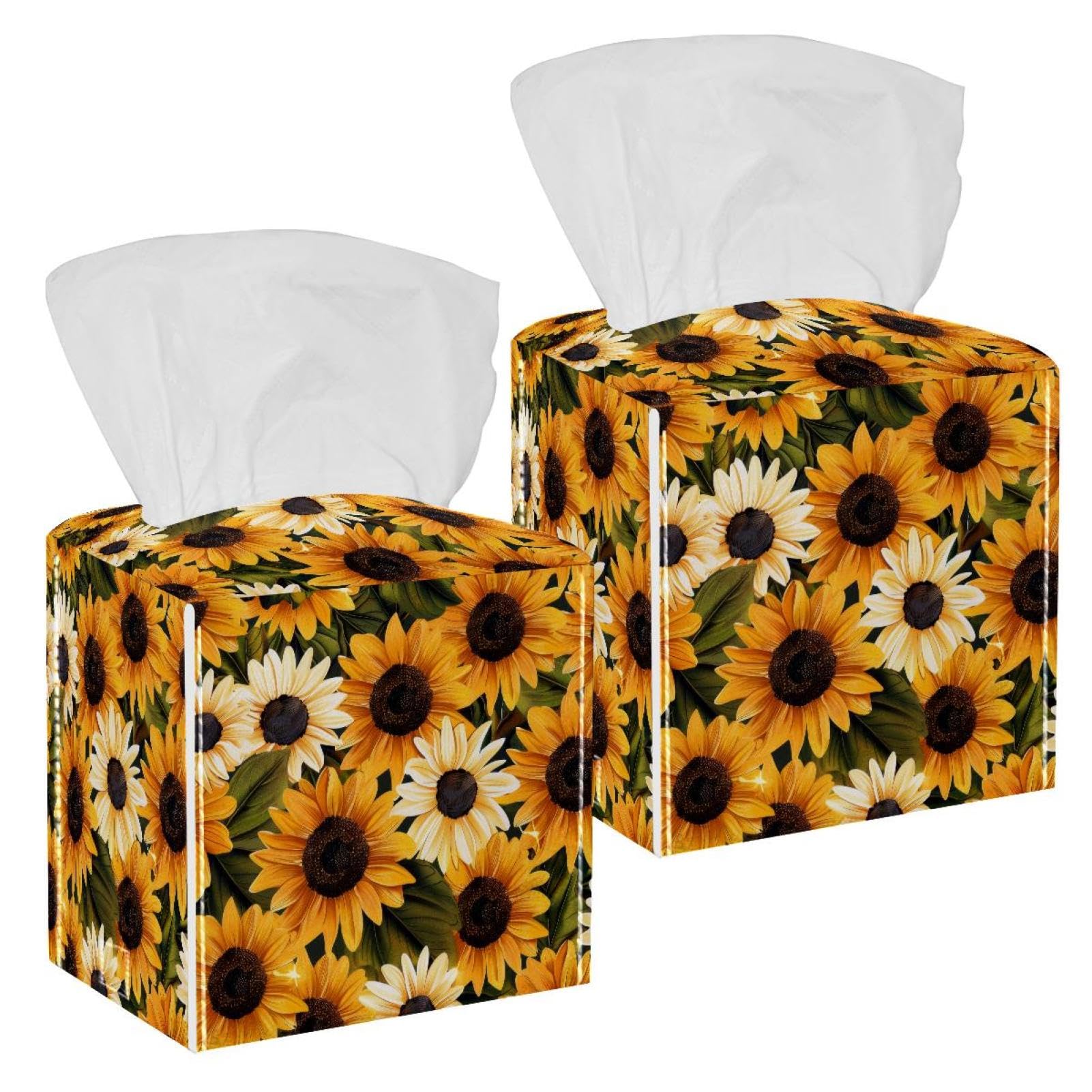 Sunflowers Tissue Box Cover, 2 Pack PU Leather Square Facial Tissue Dispenser Box holder for Home Office Car