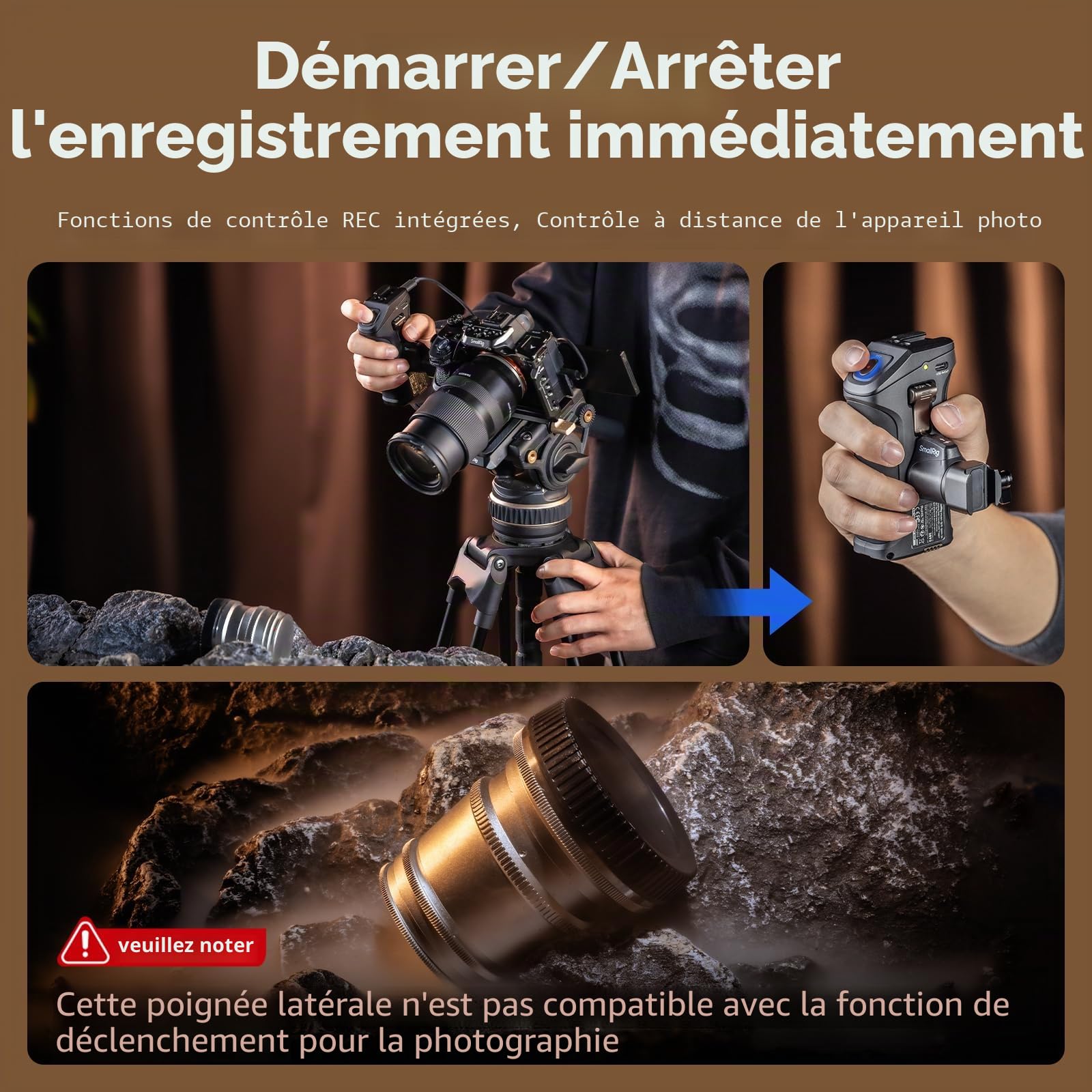 SMALLRIG Poignée latérale pivotante avec déclencheur Rec pour Certains appareils Photo sans Miroir, pour Sony Alpha 7 IV/Alpha 7R V / A7 III / FX3 / Alpha 9, Compatible avec Batterie F550/570-3893