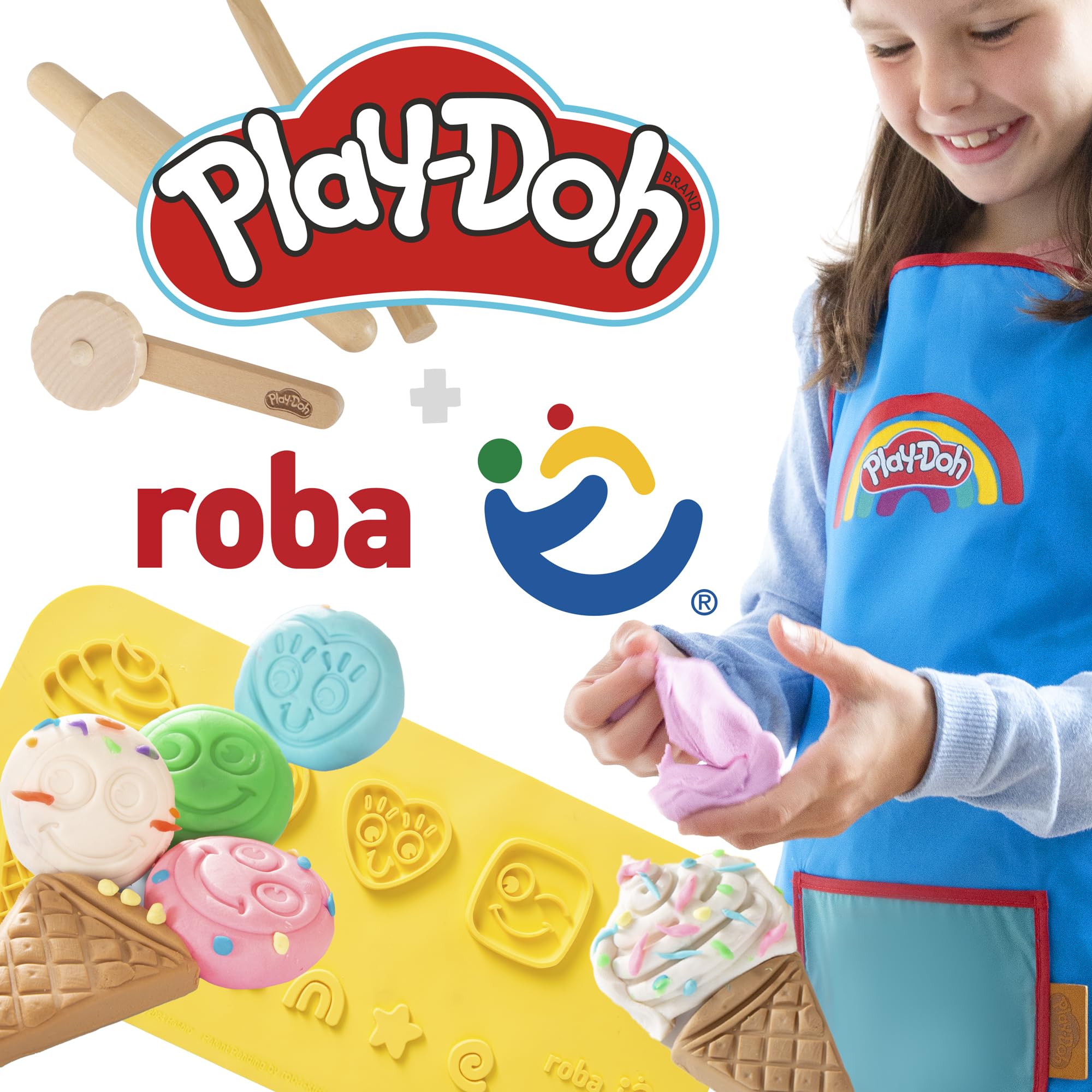 roba x Play-Doh Escritorio Escolar - Herramientas de Madera certificada por el FSC, Alfombra Creativa, 6 latas de plastilina, Delantal y Silla - Escritorio para Pintar, Manualidades y Jugar