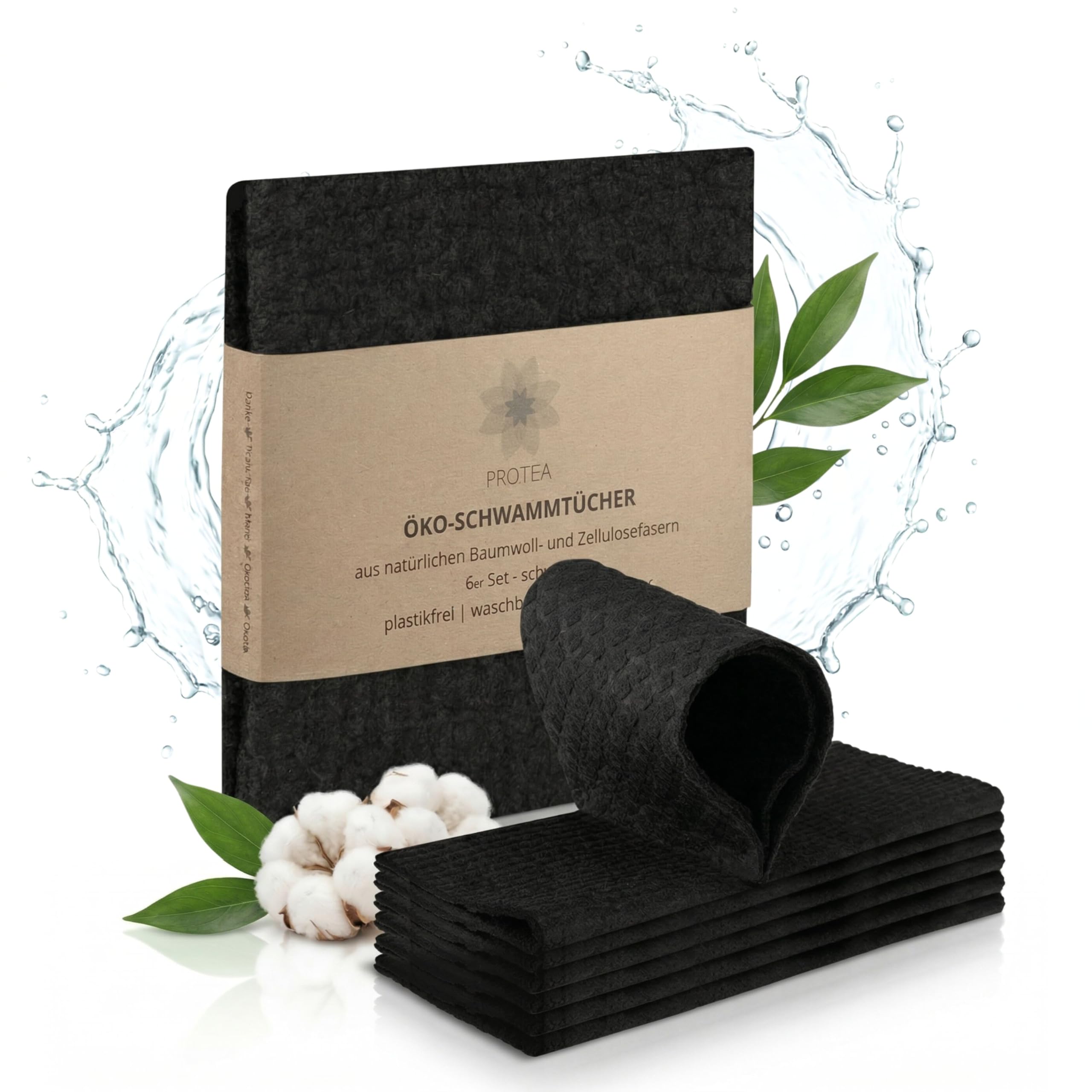 Protea 6er Set ÖKO-Küchentücher & Spültücher kompostierbar - Schwammtücher ökologisch - nachhaltige Reinigungstücher Geschirrtücher - 100% biologisch abbaubar - Made in Germany (Schwarz)