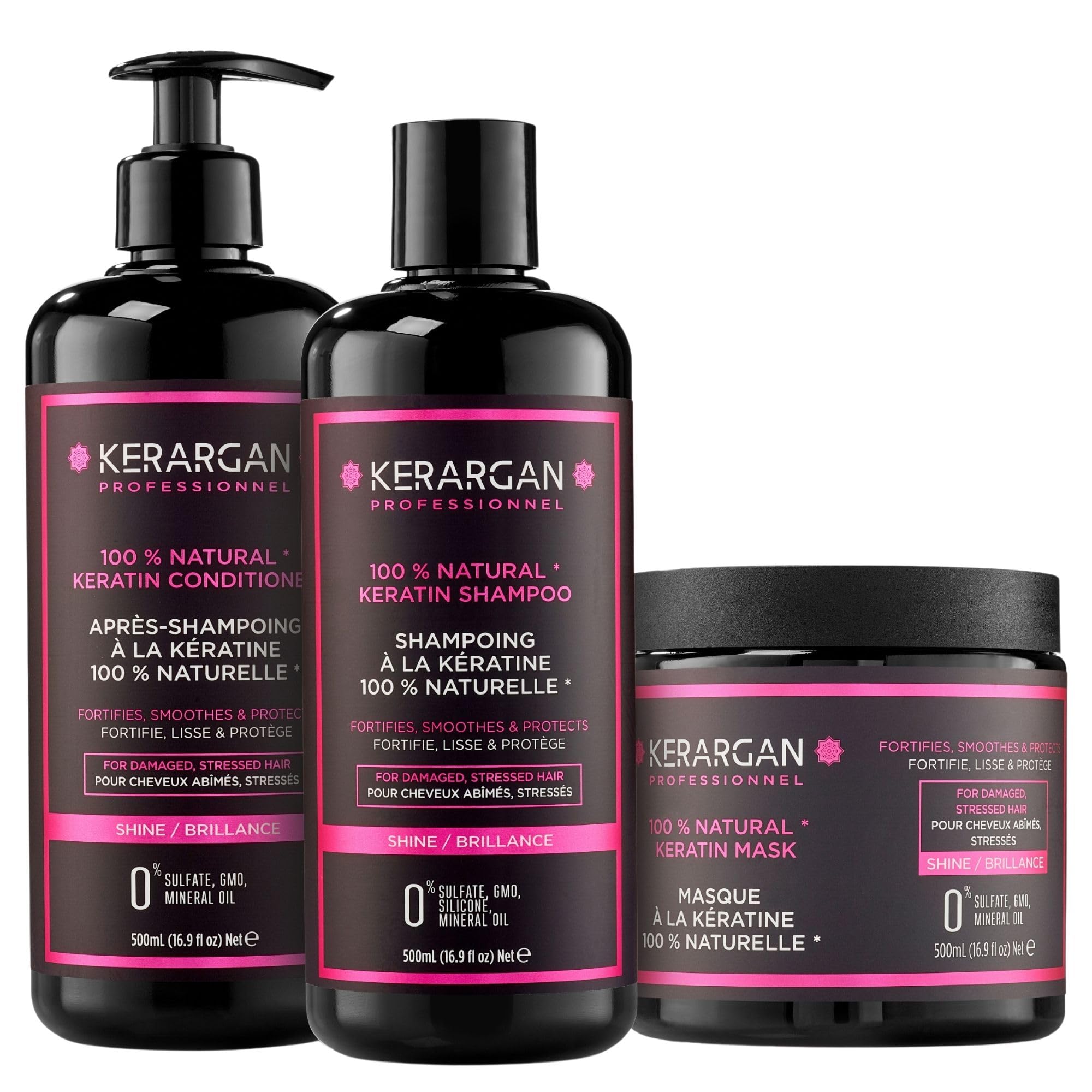 Kerargan - Trio Ultra Riparatore Shampoo, Balsamo & Maschera alla Cheratina per Capelli Danneggiati e Stressati - Nutre, Liscia & Rinforza - Senza Solfati, OGM, Silicone - 3x500 ml