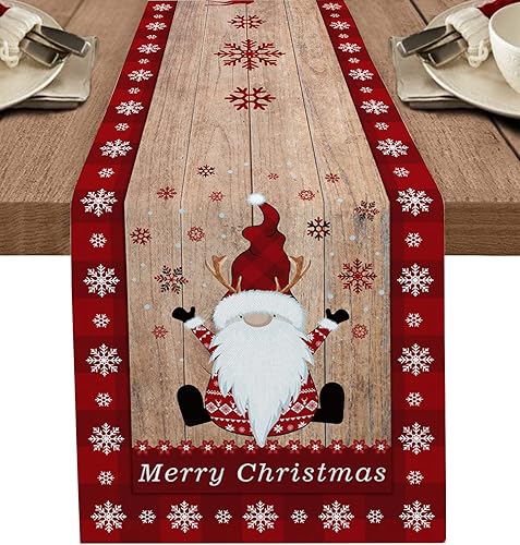 Miniatura 1 de Camino de mesa de Pascua de Navidad de 90 pulgadas de largo, flores de Pascua de Navidad rojas y blancas con rayas de copo de nieve, caminos de mesa