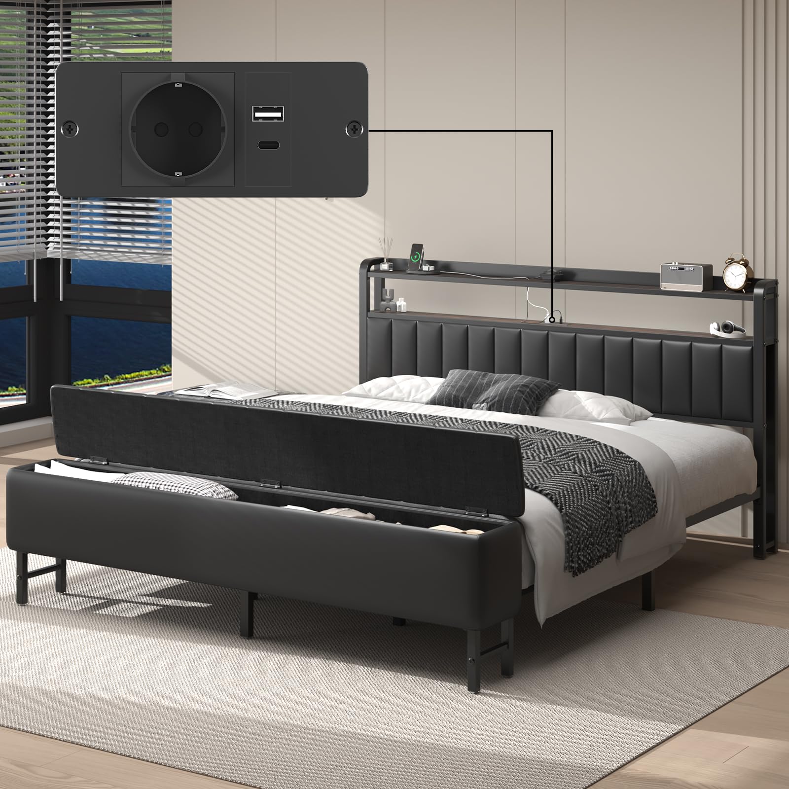 E-Motie Bett 180x200，Polsterbett mit Sternenprojektor, Ladestation und Aufbewahrungsbank， Doppelbettgestell 180 x 200 cm mit Gepolstertes Kopfteil und Lattenrost, Geräuschlos, Modern, Schwarz