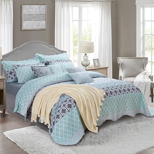 Miniatura 10 de Juego de 10 colcha Plus (juego de 10 piezas), colcha acolchada de microfibra ligera y reversible con diseño floral para todas las estaciones,