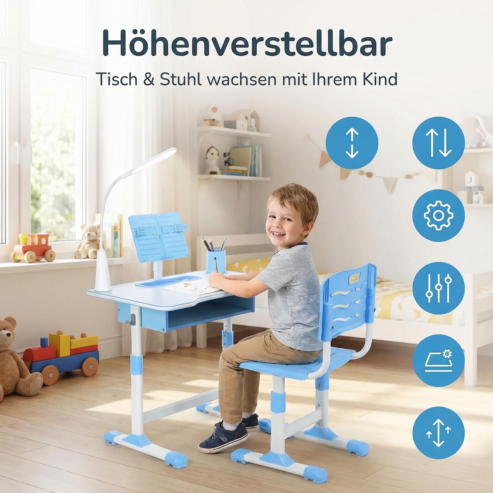 Kinderschreibtisch höhenverstellbar, Schülerschreibtisch Jugendschreibtisch mit Lampe, Schreibtisch Kinder mit Stuhl, Bücherständer und Schublade inkl. Kinder Schreibtisch für Jungs & Mädchen (Blau)