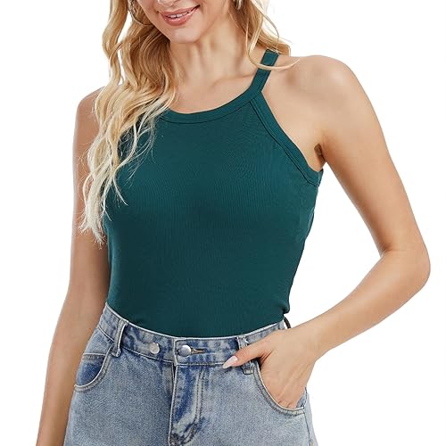 Rosyline Women Ribbed Tank Tops Built in Bra Summer Halter