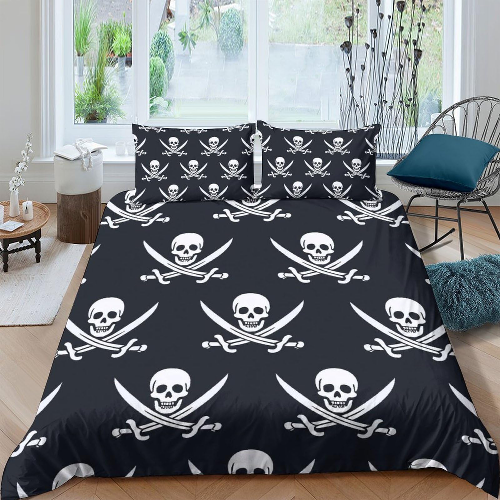 Ctjqhvkz Style-5 3D Printed Pirate Skull Fitted Sheet Microfiber Black Skeleton Bed Cover Non Slip Machine Washable Bedroom Decor Single（135X200cm）