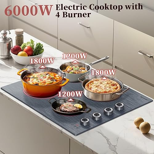 Miniatura 4 de Estufa eléctrica de 24 pulgadas, estufa eléctrica de 4 quemadores de 6000 W, grano cepillado, 9 niveles de potencia, 220V-240 V eléctrica