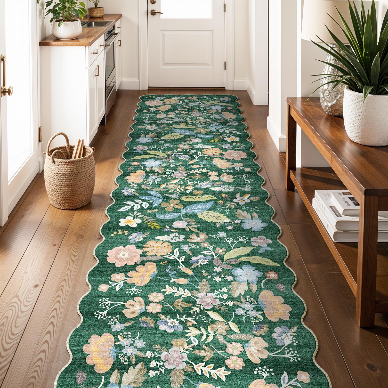 3x12 Washable Hallway Runner Rug: Non Slip Floral Scalloped Runner Rugs for Kitchen 12ft Long Floor Mat for Indoor Entryway Boho Carpet Runner for