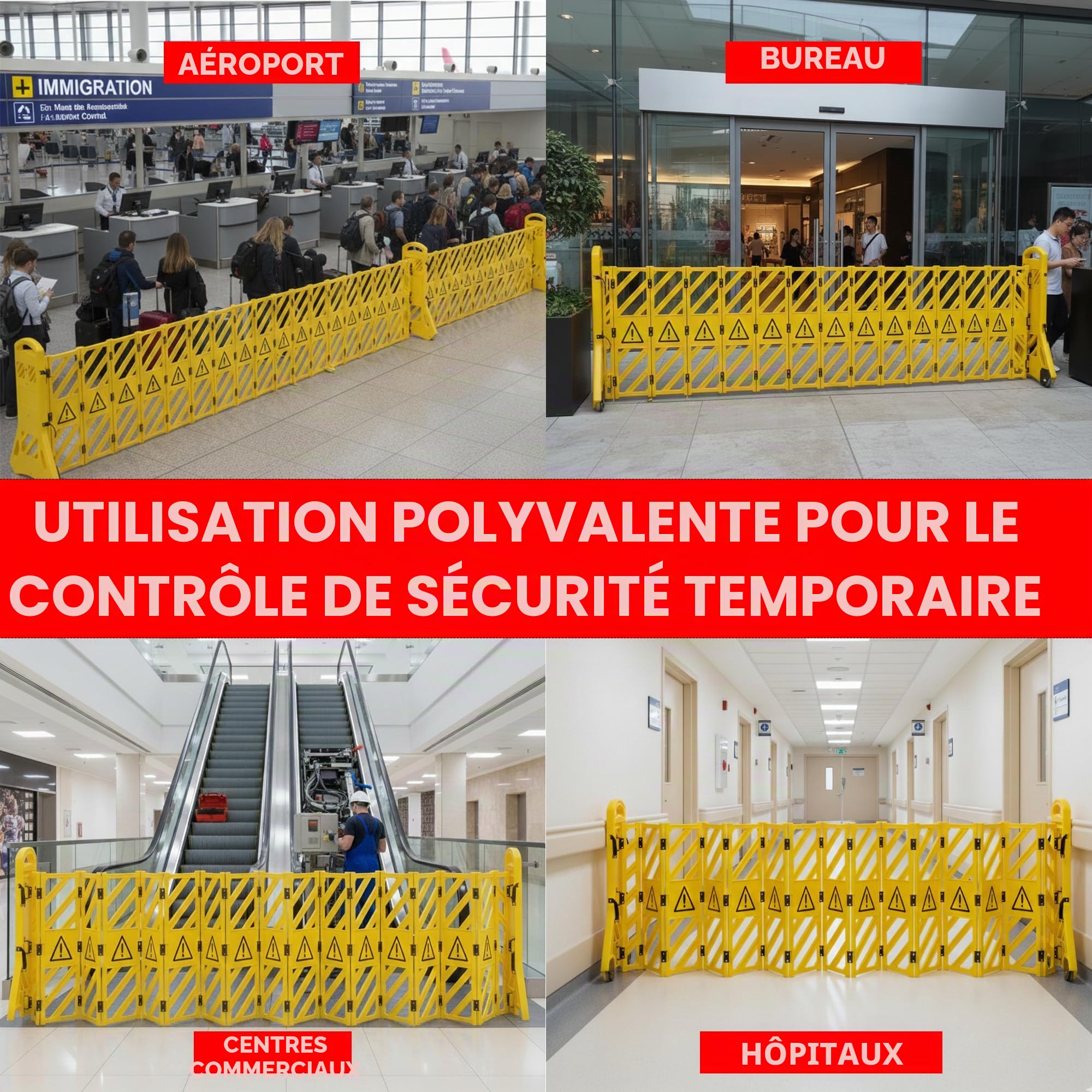 Barrière en plastique extensible pliable – Jaune | Barrière de sécurité mobile rétractable avec poignée de transport | Barrière en plastique pour contrôle temporaire de la circulation