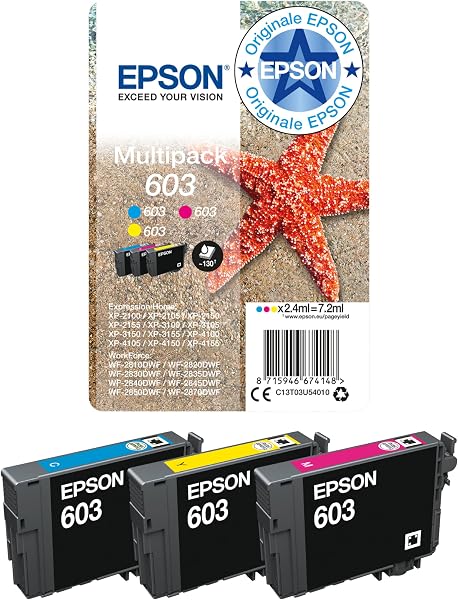 Epson Serie 603 Stella Marina - Cartucce originali per Stampante getto d'Inchiostro, Multipack 3 colori (Ciano, Magenta, Giallo) Formato STD, Stampe Casa/Ufficio fino 130 Pagine, Confezione EasyMail - 5